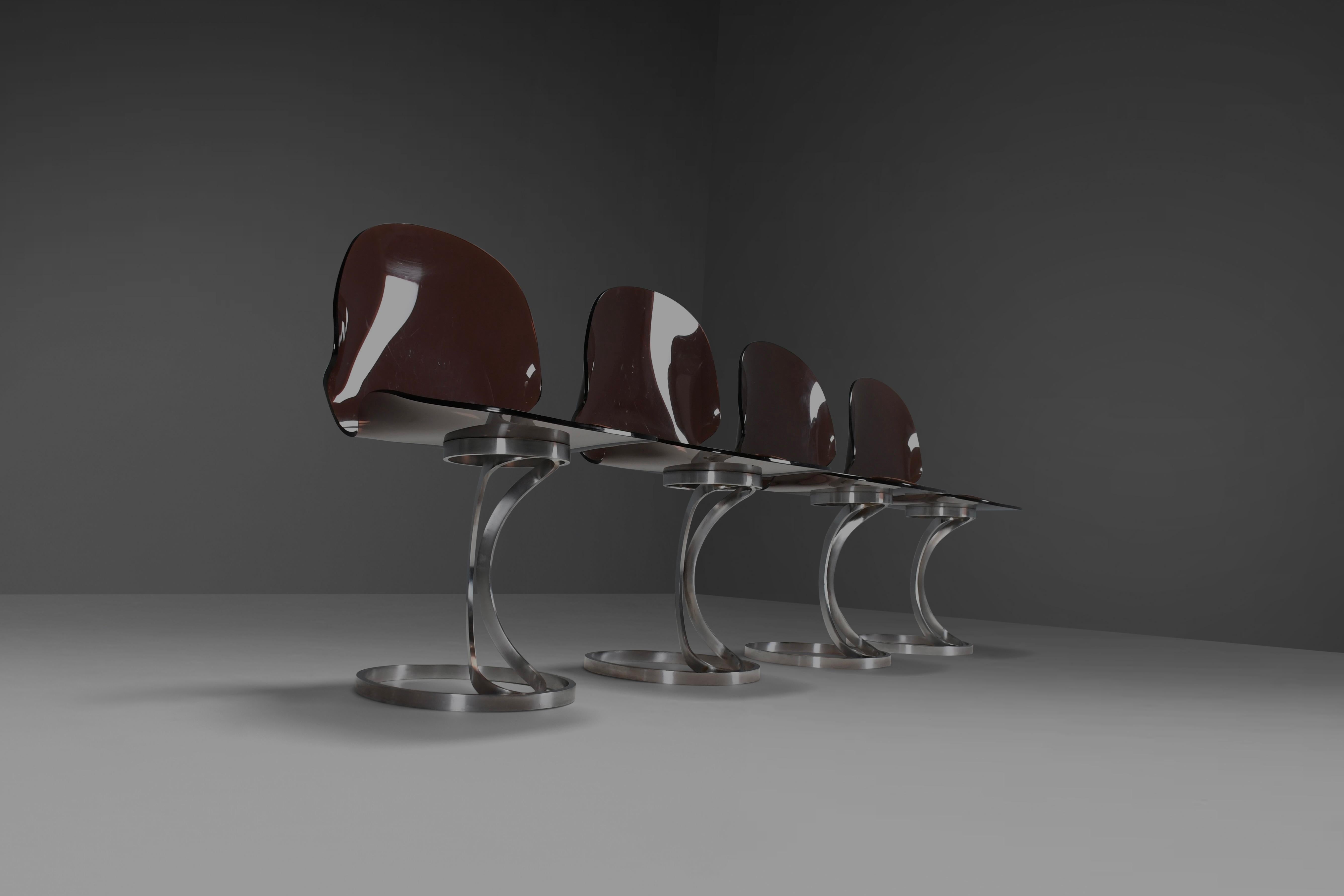 French Set of Stunning Metal and Lucite Dining Chairs by Maison Rinck, France 1973 For Sale