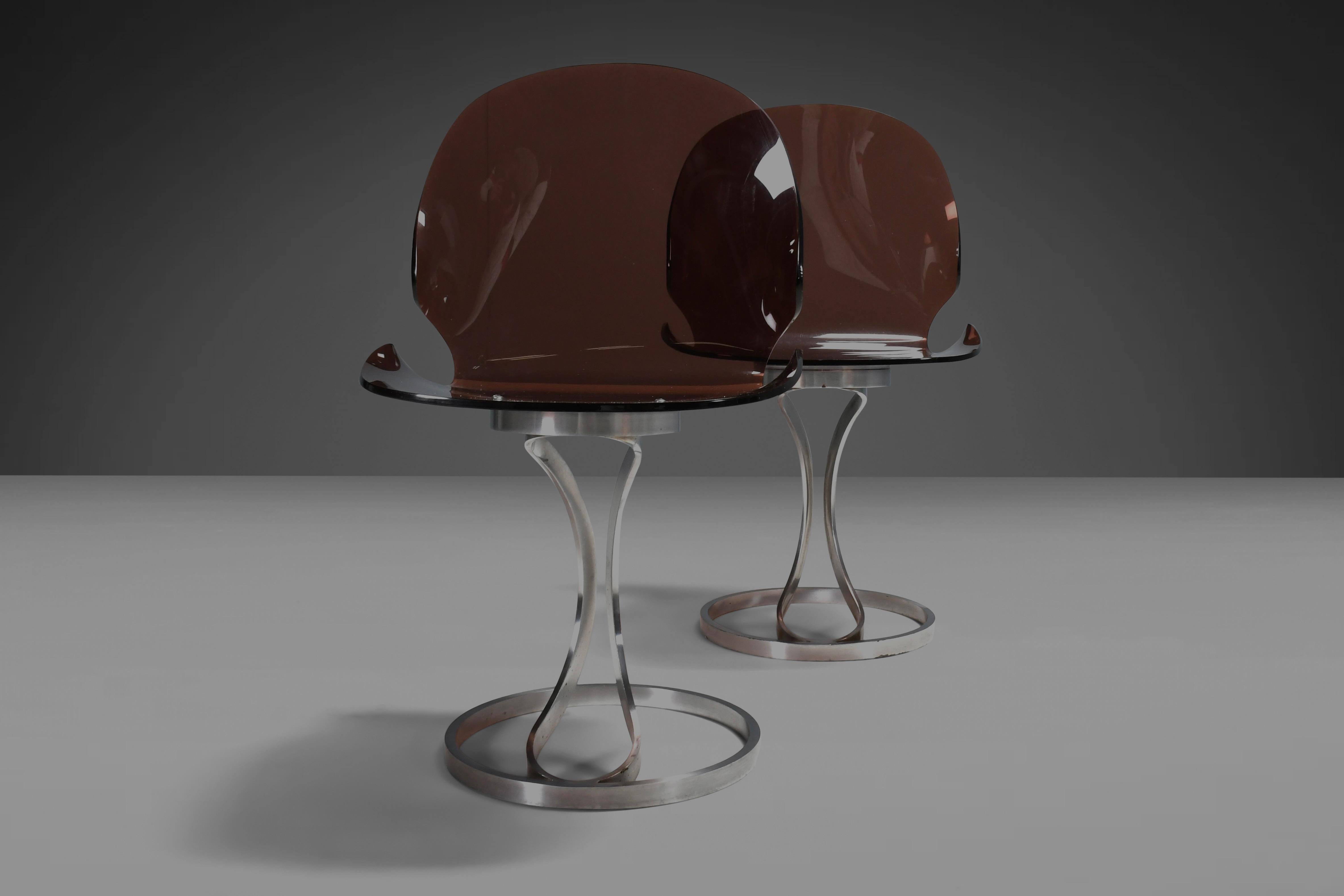 Polished Set of Stunning Metal and Lucite Dining Chairs by Maison Rinck, France 1973 For Sale