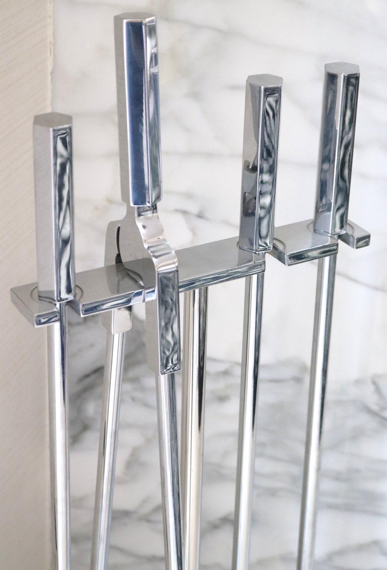 American Set of Stylish Modernist  Polished Nickel  Fire tools For Sale