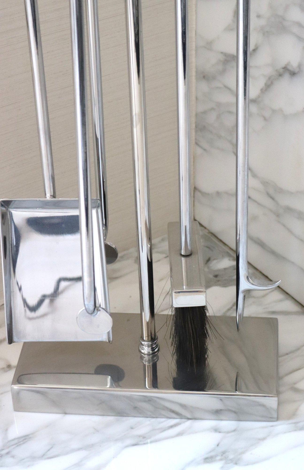 Late 20th Century Set of Stylish Modernist  Polished Nickel  Fire tools For Sale