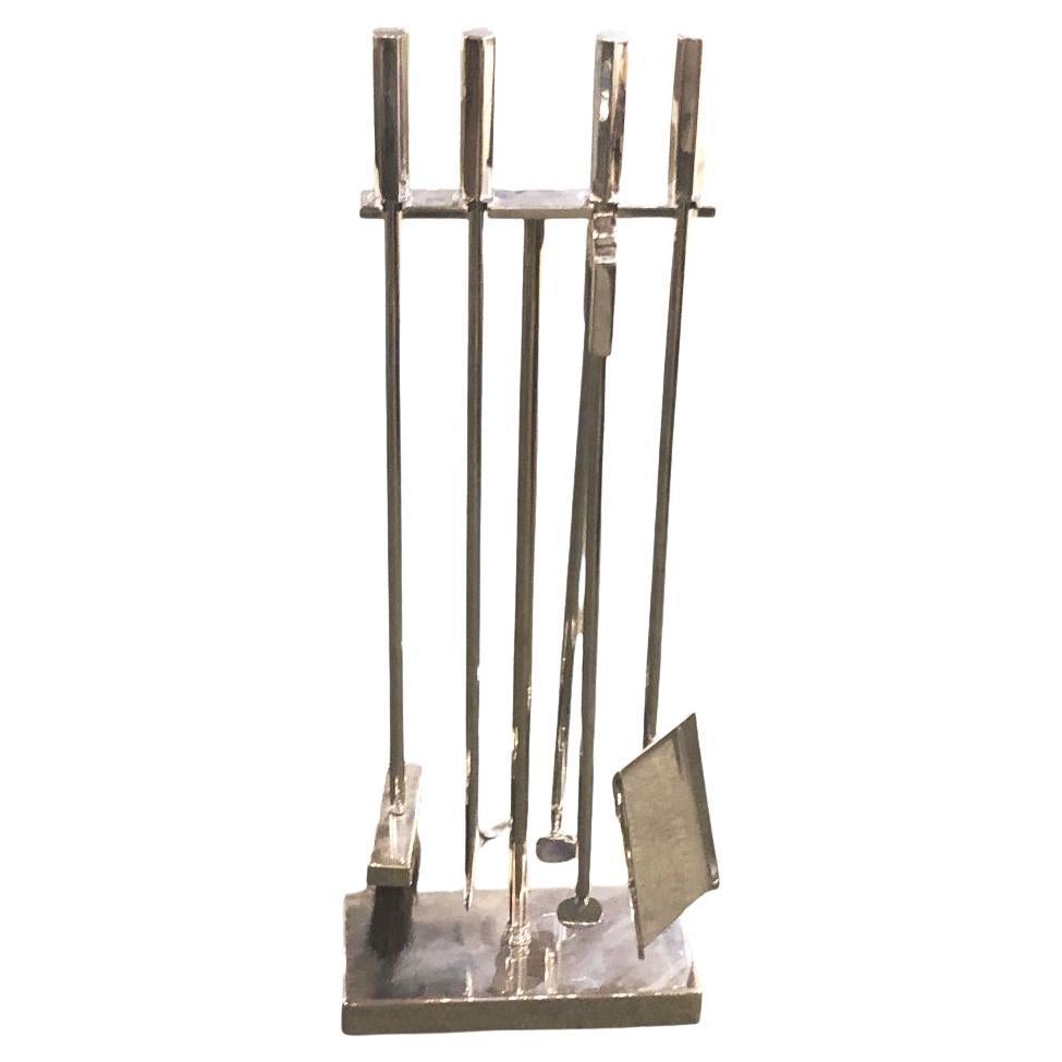 Set of Stylish Modernist  Polished Nickel  Fire tools