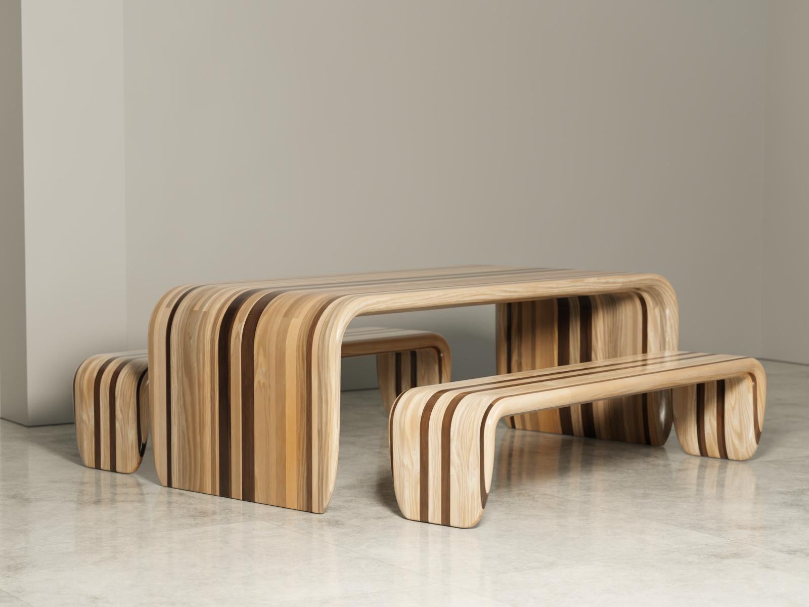 Set of surf-ace table and 2 benches by Duffy London
Limited edition
Dimensions: Table W 190 x D 100 x H 75 cm / Benches W 170 x D 45 x 44 cm
Materials: ash, walnut.

The surf-ace table is limited to 20 editions.

Surf's up! and dinner's on