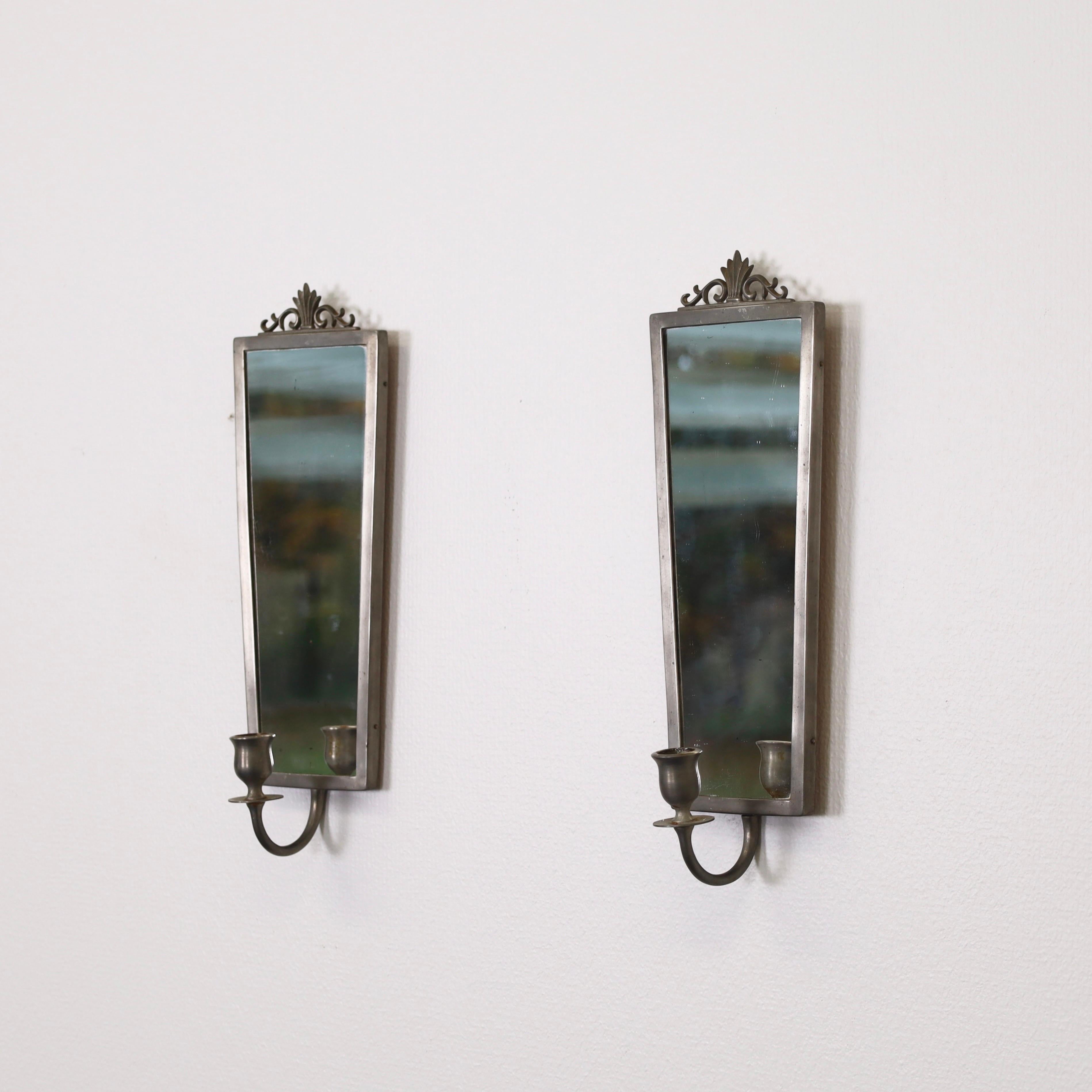 Set of Swedish Grace Pewter Mirror Candle Sconces by JL. Hultman, 1930s, Sweden For Sale 5