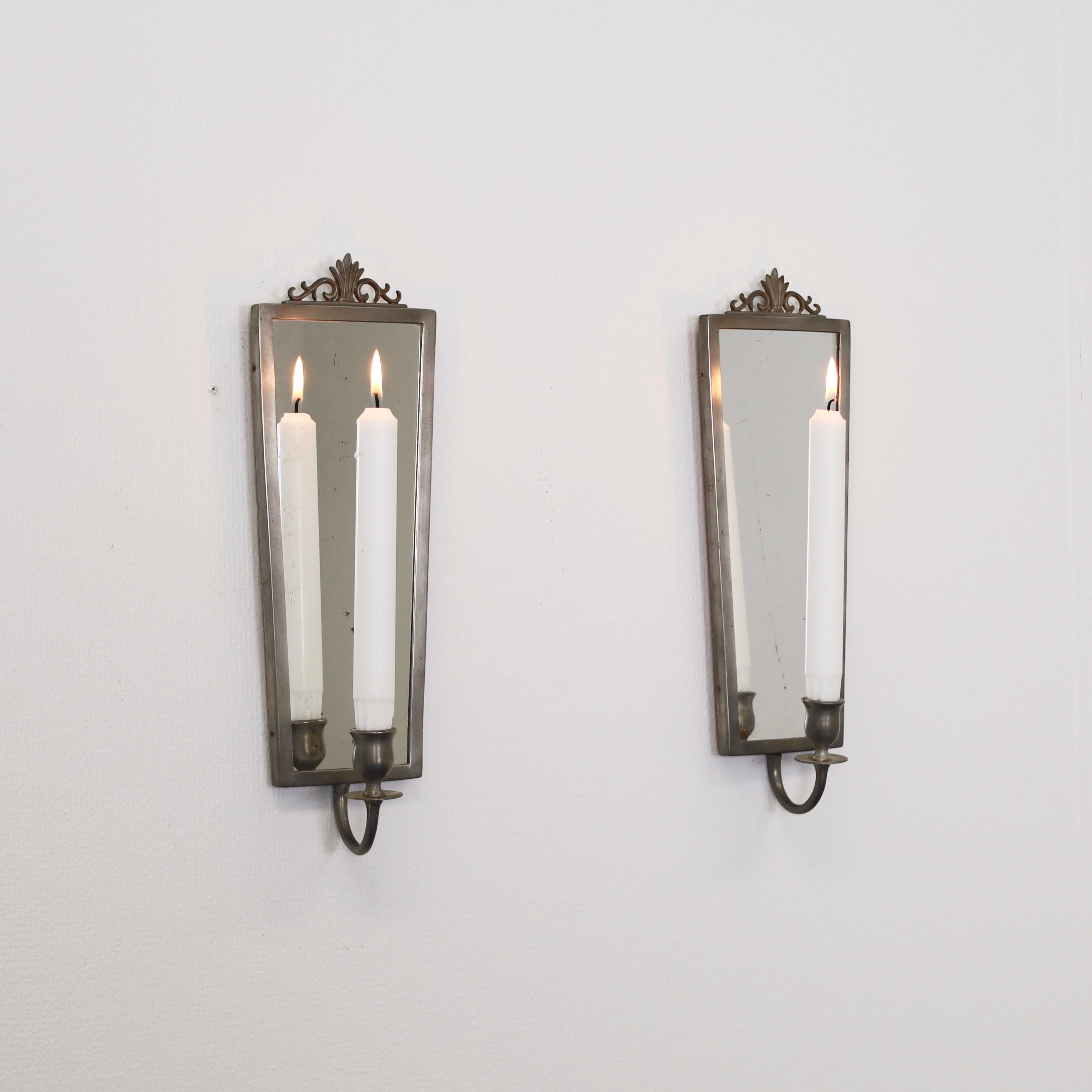 Art Deco Set of Swedish Grace Pewter Mirror Candle Sconces by JL. Hultman, 1930s, Sweden For Sale