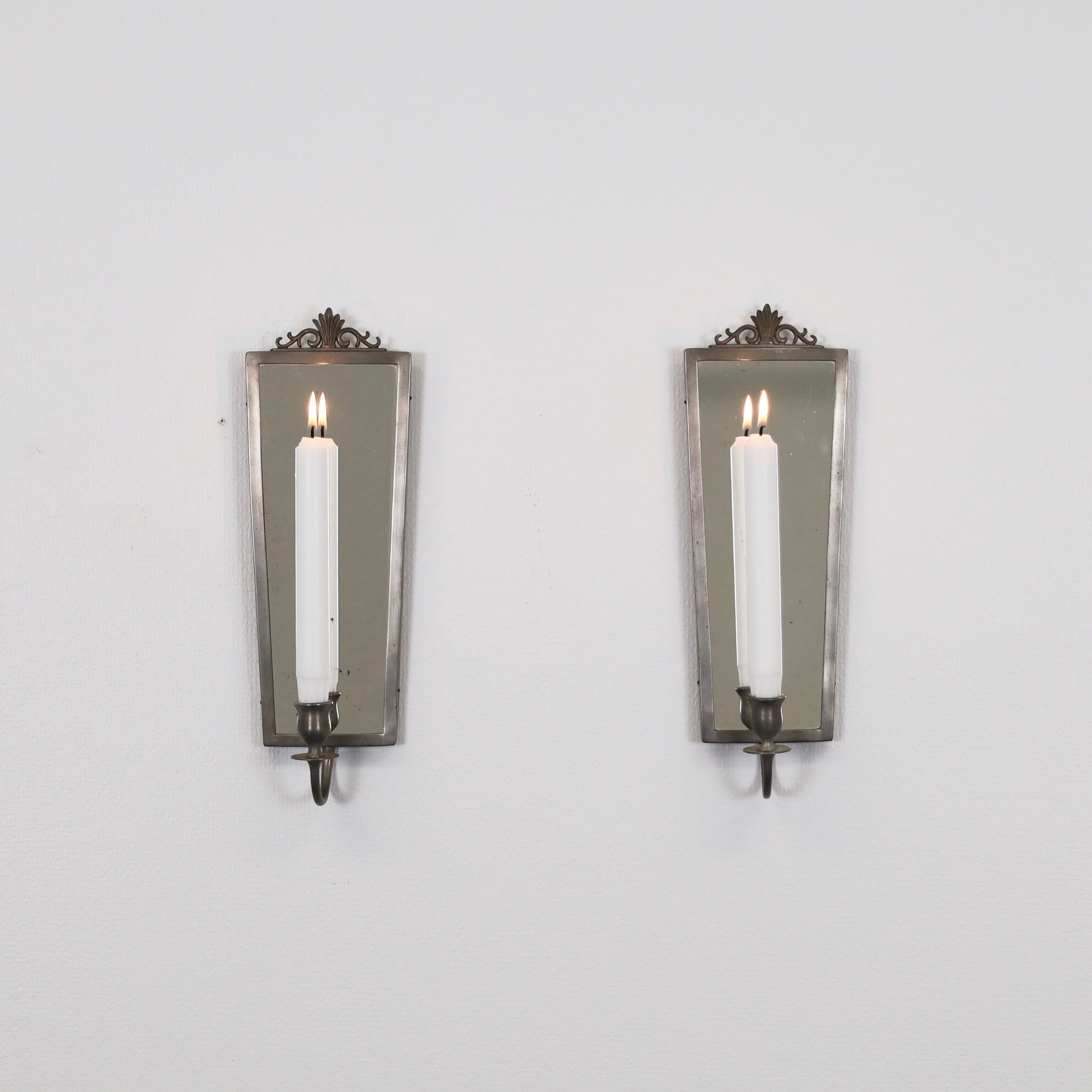 Set of Swedish Grace Pewter Mirror Candle Sconces by JL. Hultman, 1930s, Sweden In Fair Condition For Sale In Værløse, DK