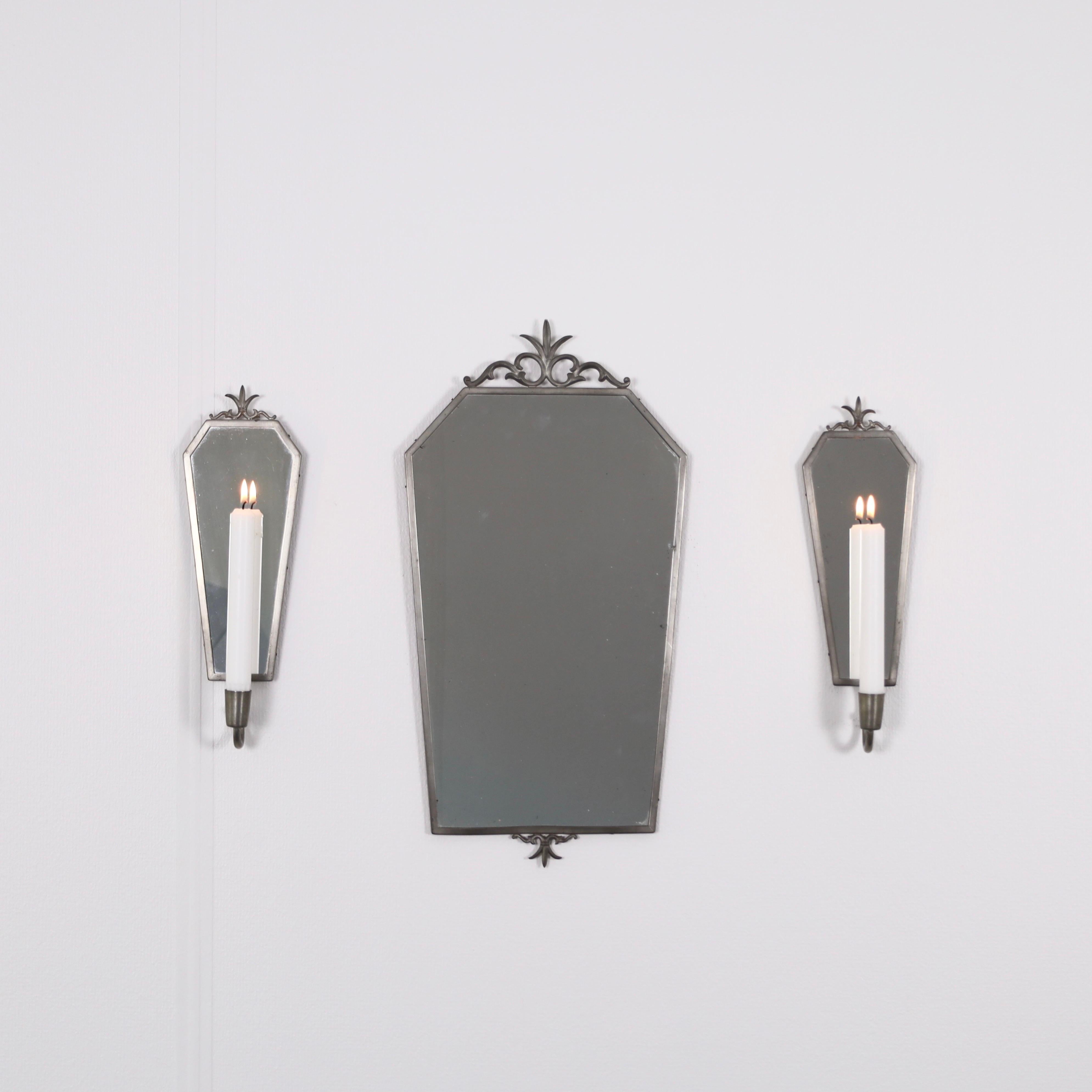 Set schwedischer Grace-Wandspiegel und Kerzenleuchter aus Zinn, 1930er Jahre, Schweden im Angebot 6
