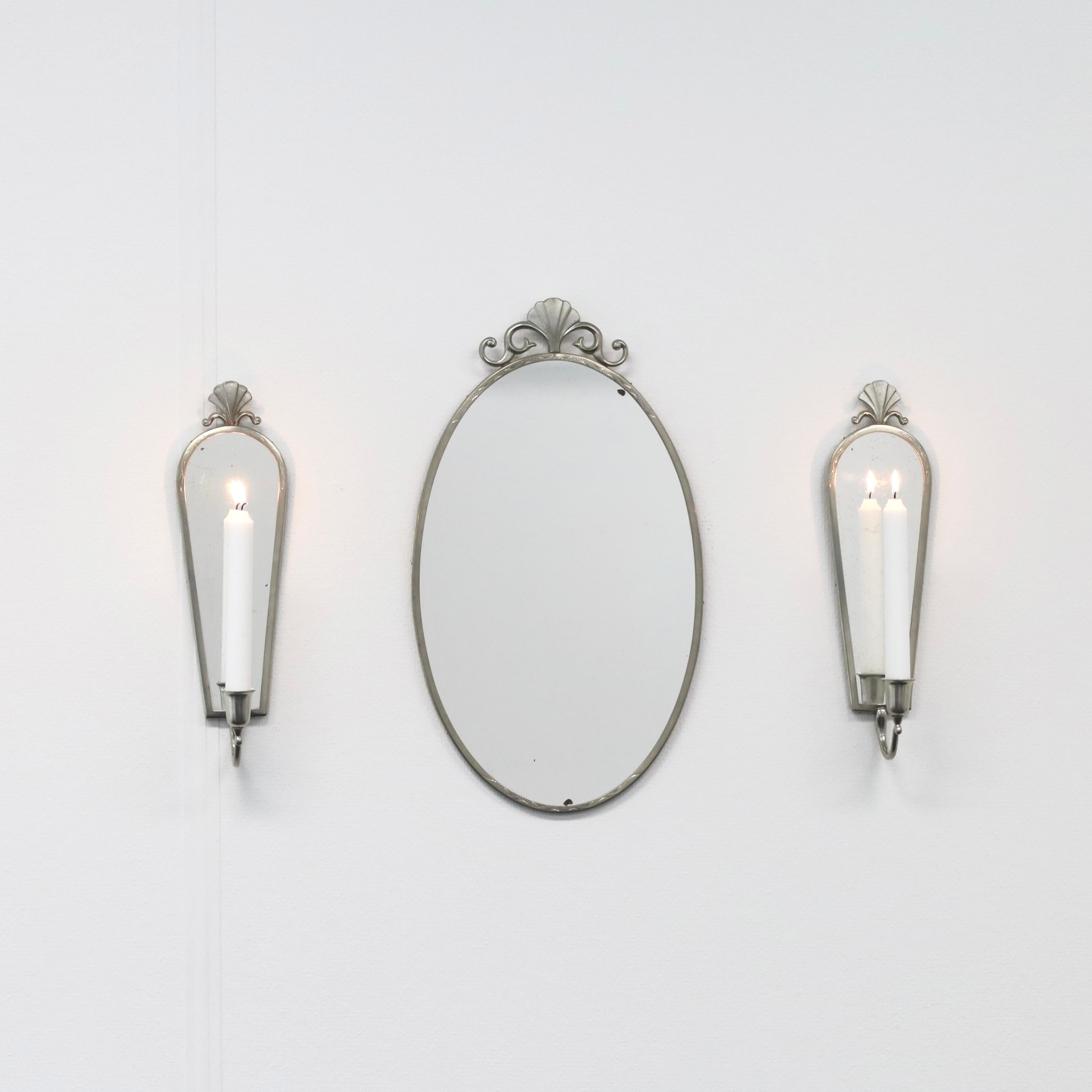 Set schwedischer Grace-Wandspiegel und Kerzenleuchter aus Zinn, 1930er Jahre, Schweden im Angebot 2