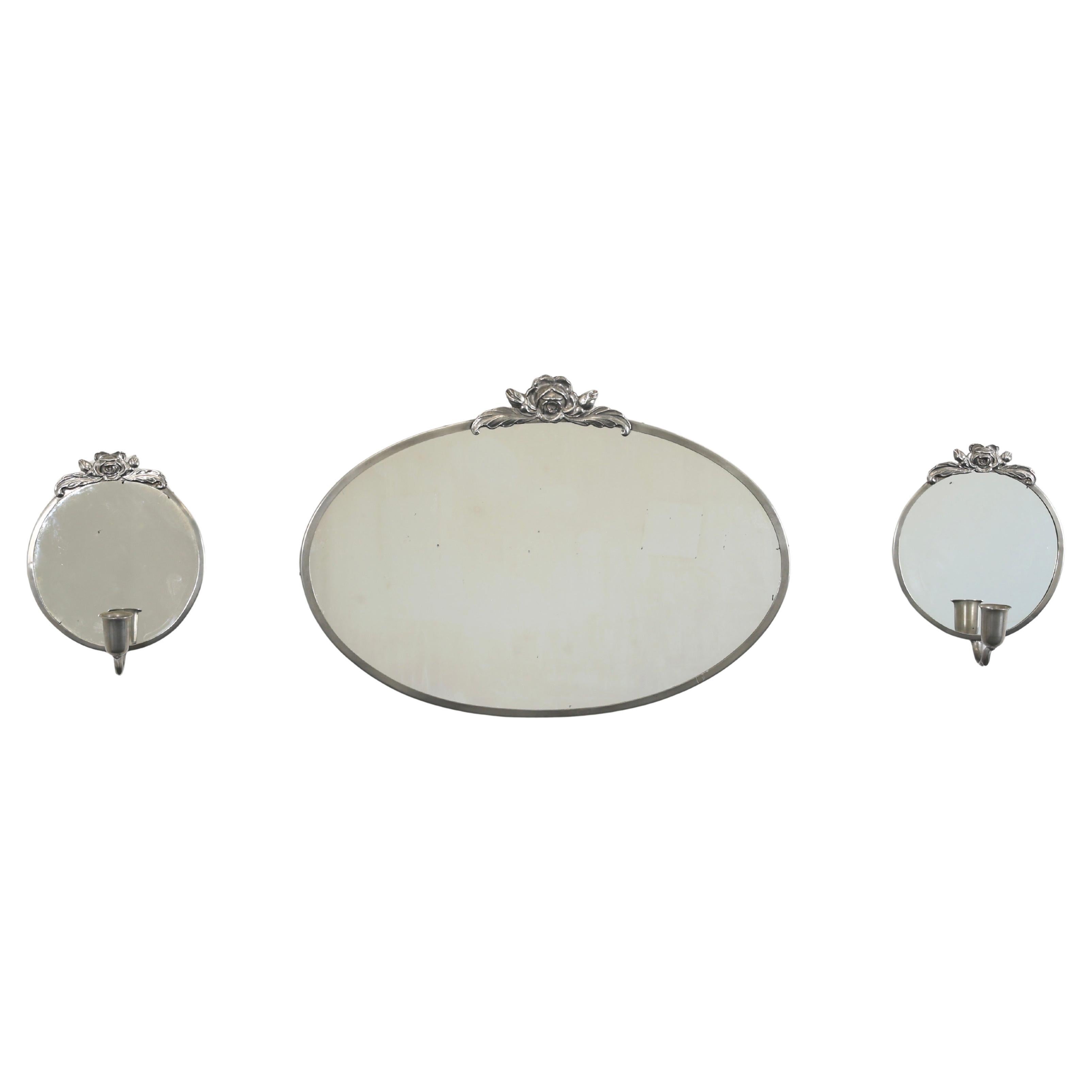 Set of Swedish Grace Pewter Wall Mirror and Candle Sconces, 1930s, Sweden