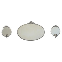 Set of Swedish Grace Pewter Wall Mirror and Candle Sconces, 1930s, Sweden