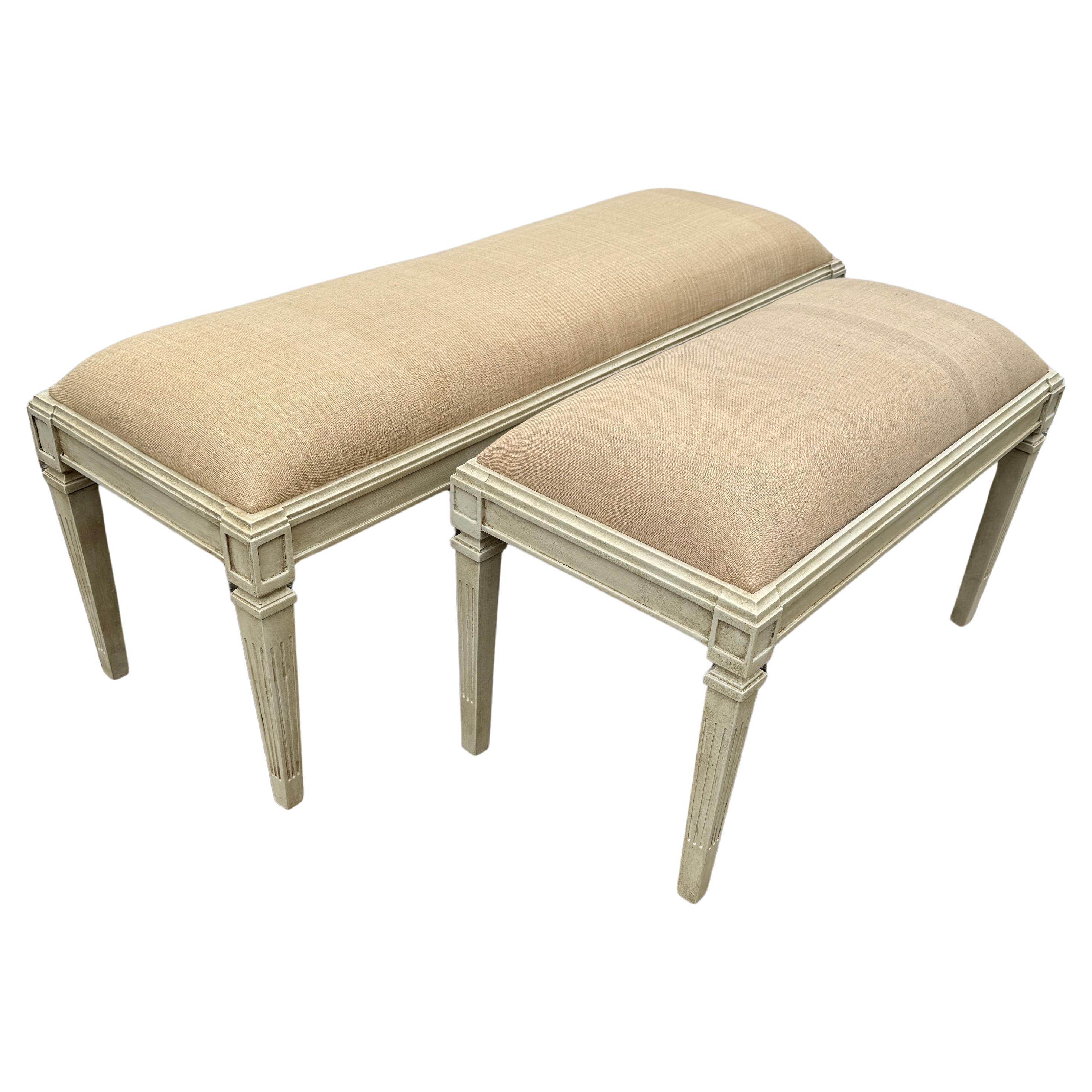 Set of Swedish Gustavian Style Painted Upholstered Benches, Two Different Sizes