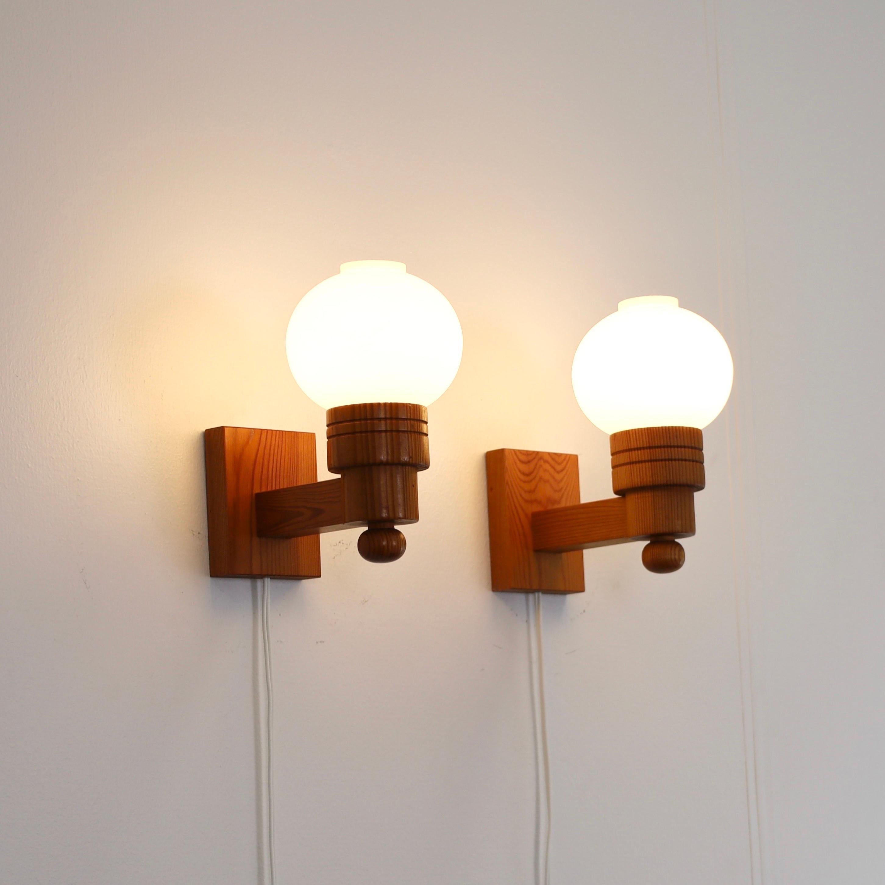 Glass Set of Swedish Pine Wood Wall Lamps by Aneta, Sweden, 1970s