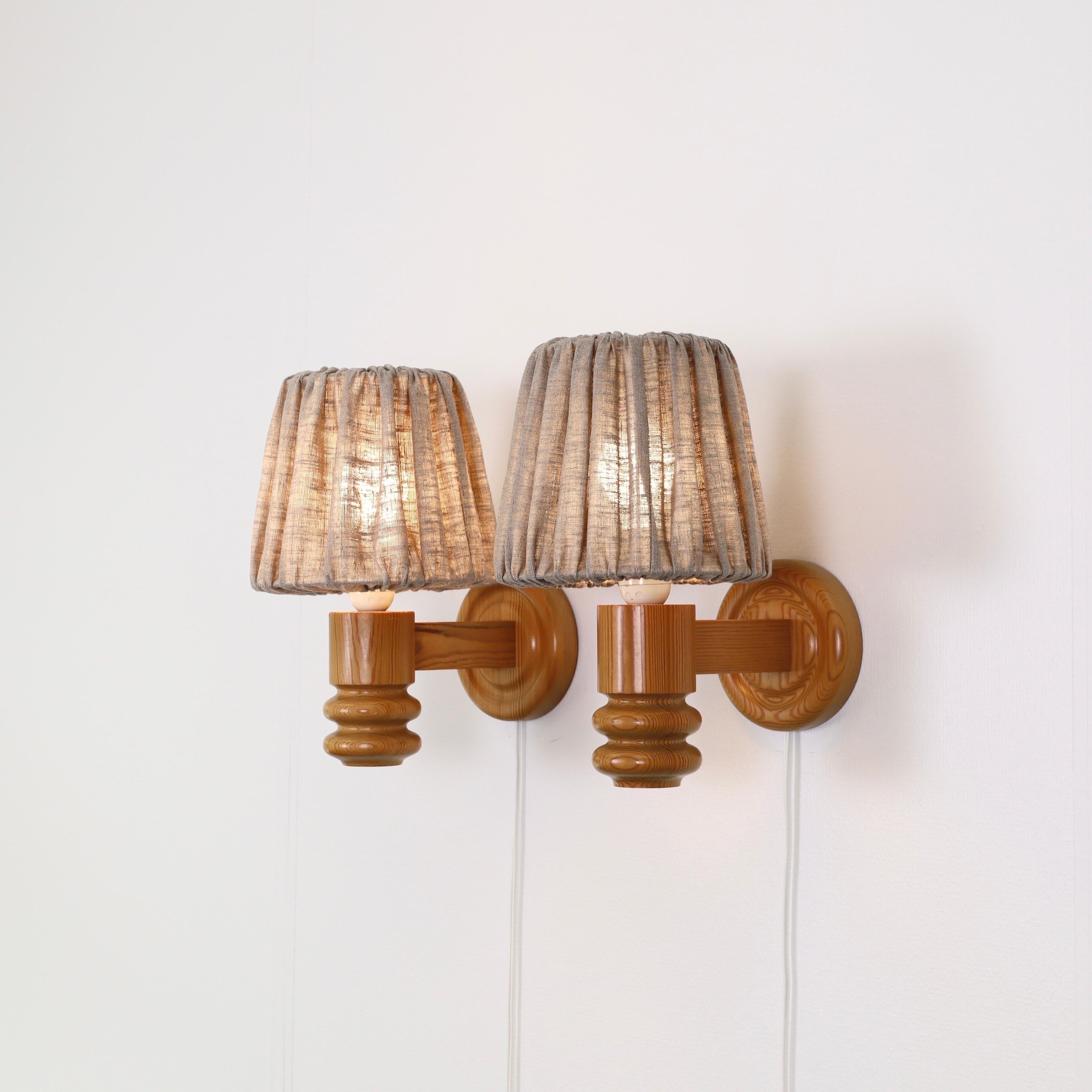 Fabric Set of Swedish Pine Wood Wall Lamps by Solbackens Svarveri, Sweden, 1970s