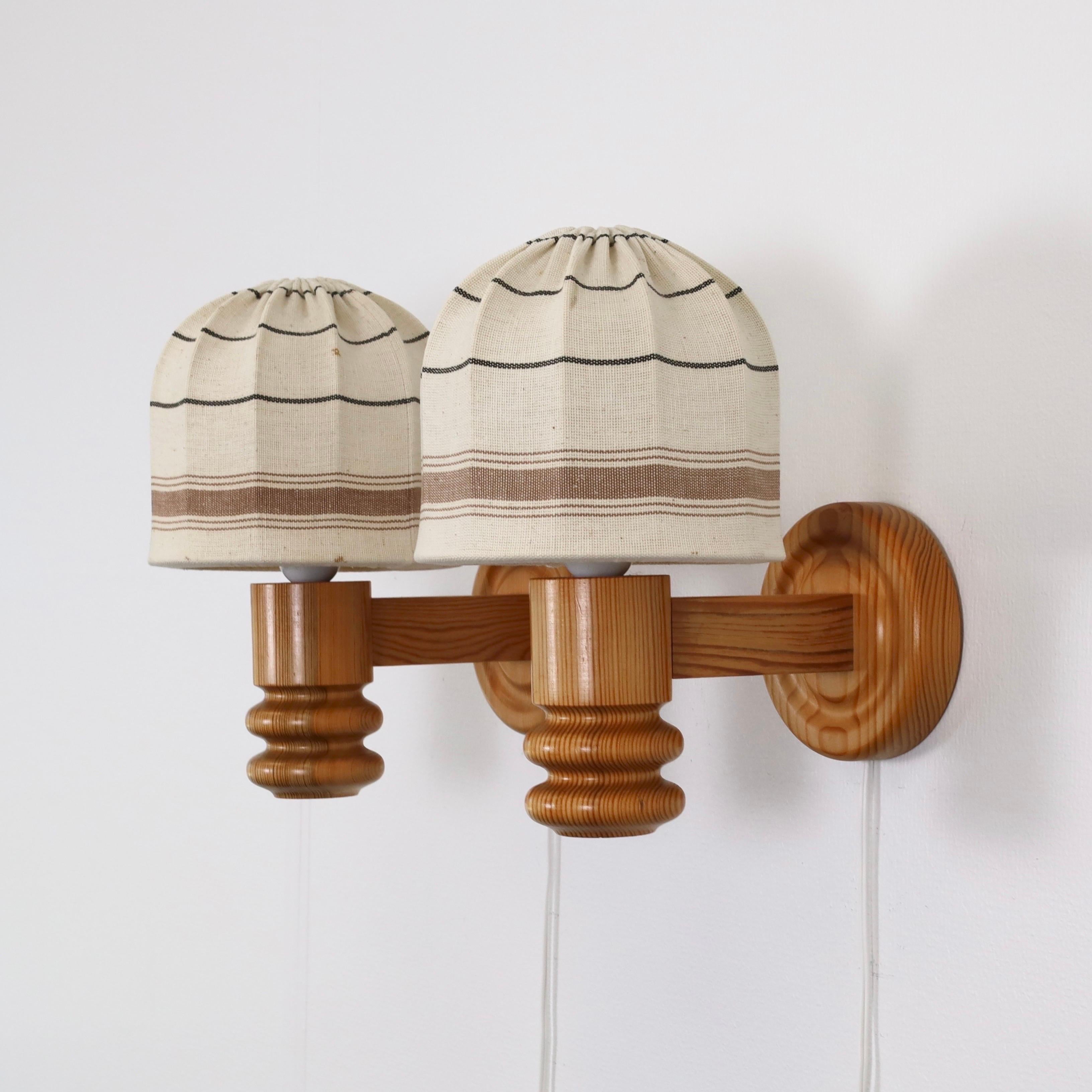 Fabric Set of Swedish Pine Wood Wall Lamps by Solbackens Svarveri, Sweden, 1970s