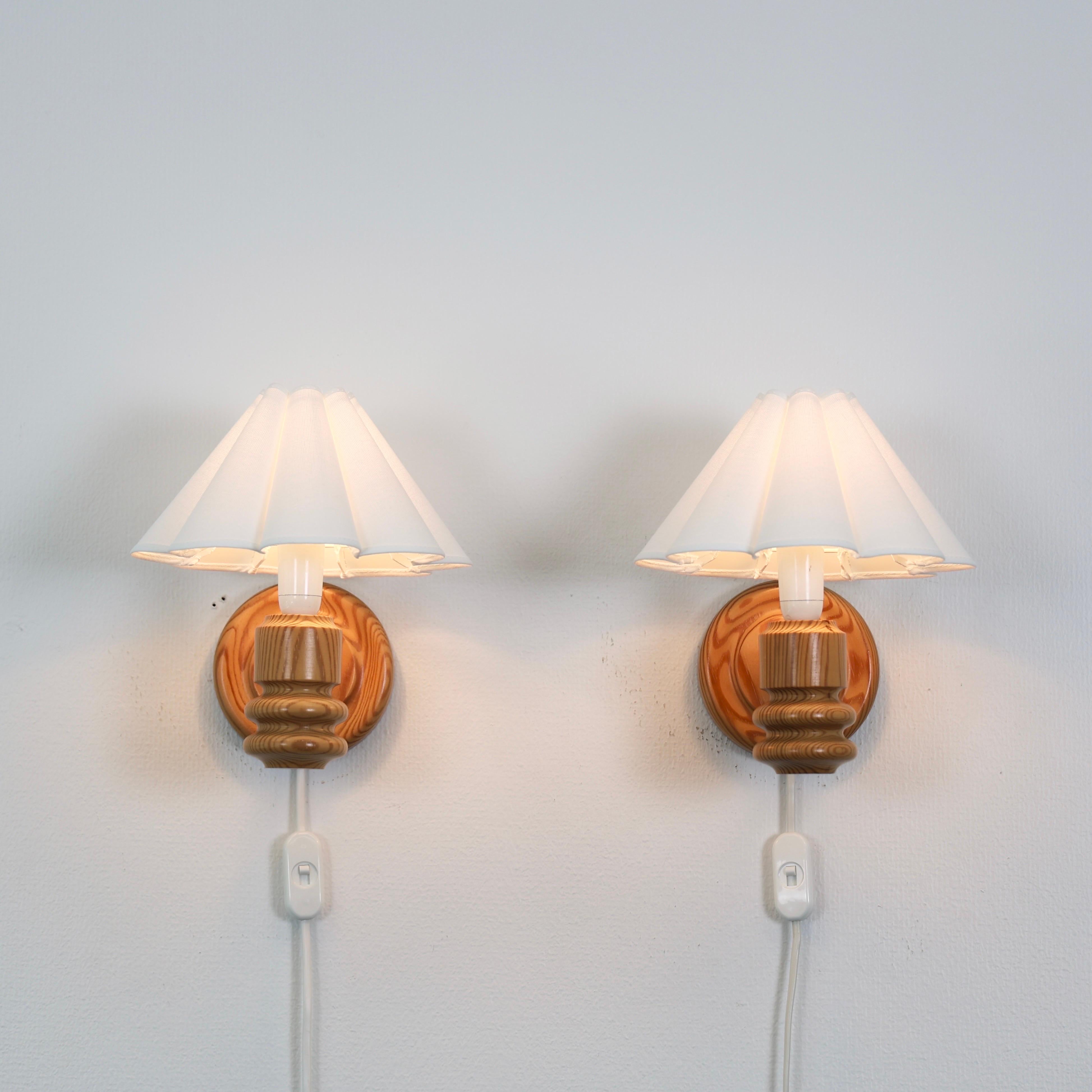 Fabric Set of Swedish Pine Wood Wall Lamps by Solbackens Svarveri, Sweden, 1970s For Sale