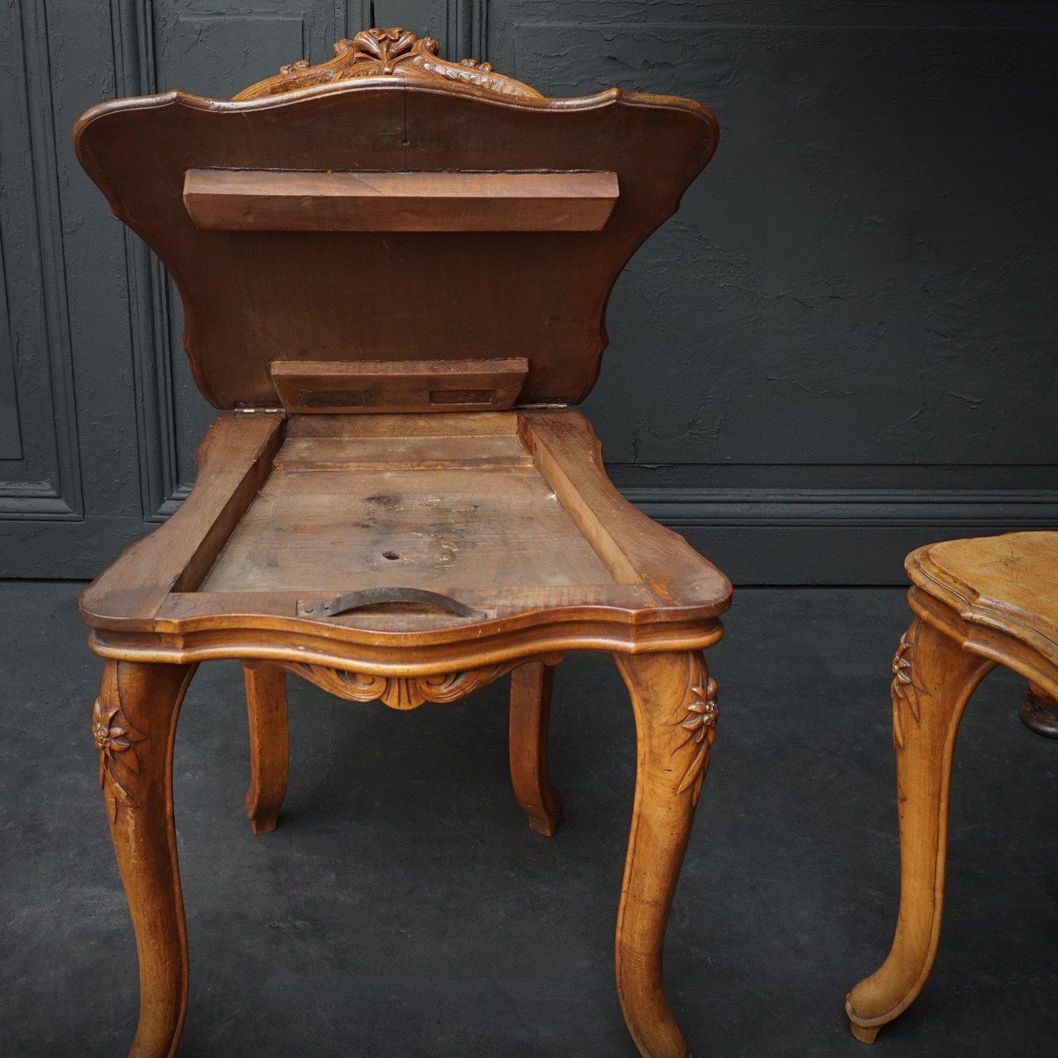 Set of Swiss Brienz Carved and Marquetry Walnut Sgabello Chairs, 1900 3