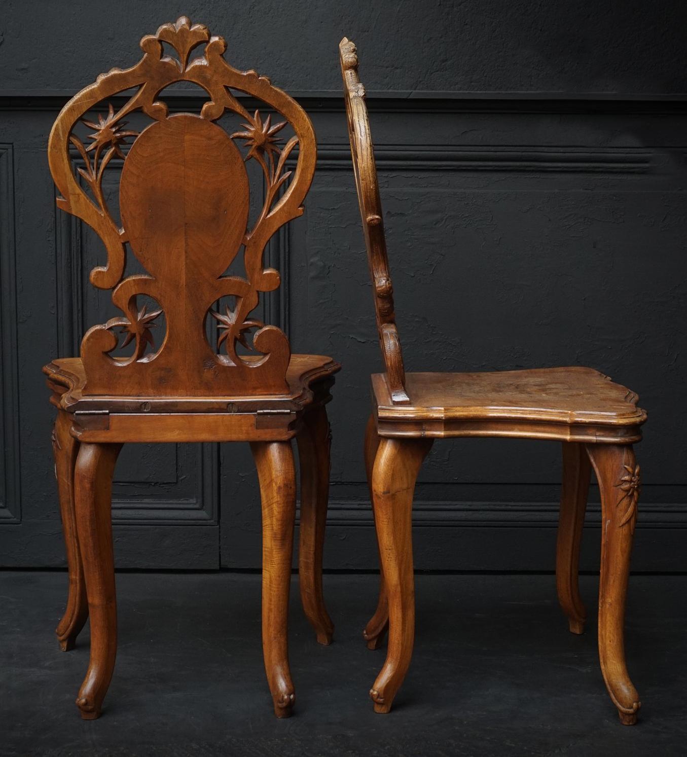 Set of Swiss Brienz Carved and Marquetry Walnut Sgabello Chairs, 1900 4