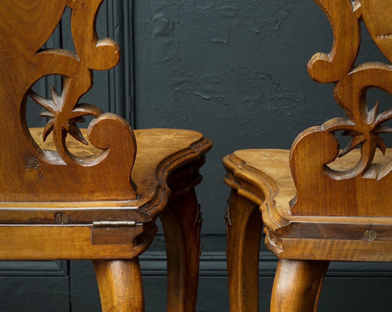 Set of Swiss Brienz Carved and Marquetry Walnut Sgabello Chairs, 1900 2