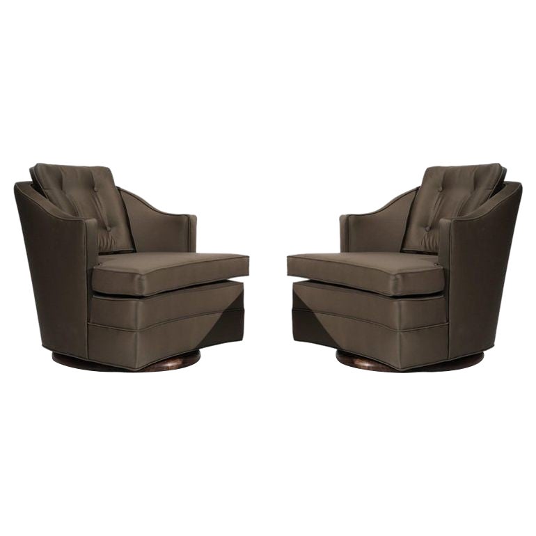 Set of Swivel Lounge Chairs in Olive Green Silk, C. 1950s For Sale