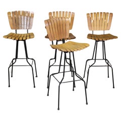 Set of Swivel Slat Wood Stools