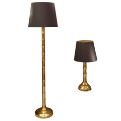 Set of Table & Floor Brass Faux-Bamboo Lamps, Mid-Century Modern, France 1960s