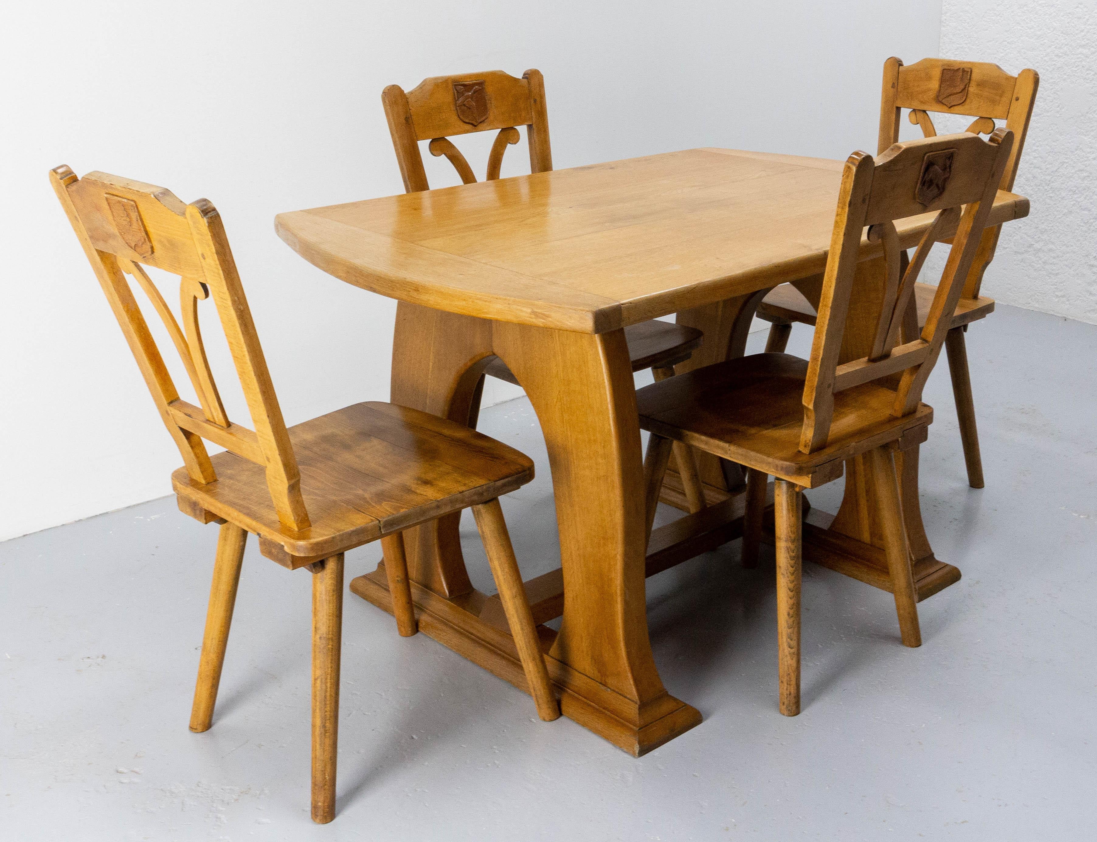 Set of Table & Four Chairs in the Hunting Theme Oak, France, Mid-20th Century For Sale