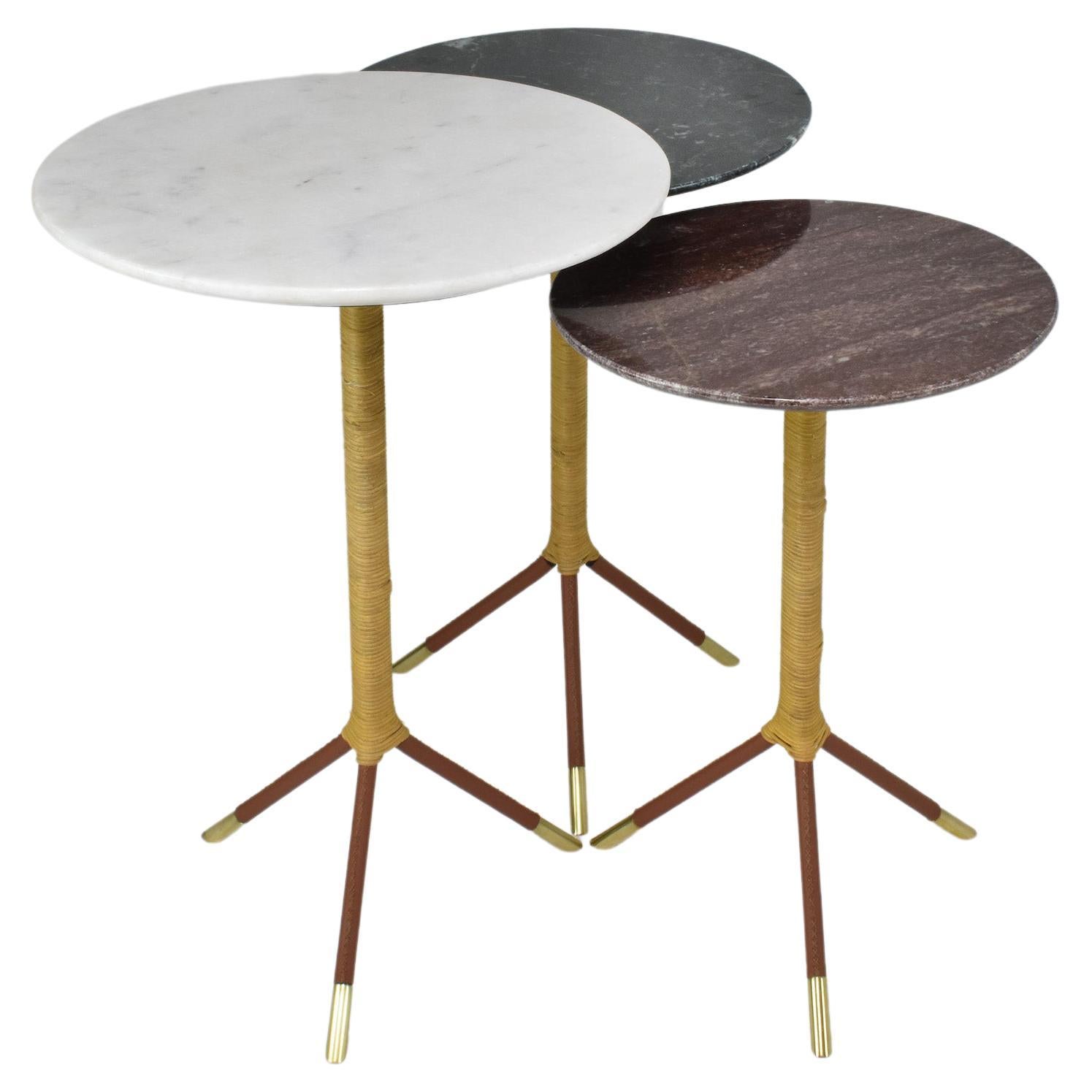 Set of Taly Marble Rattan and Leather Gueridon Tables by JAS For Sale