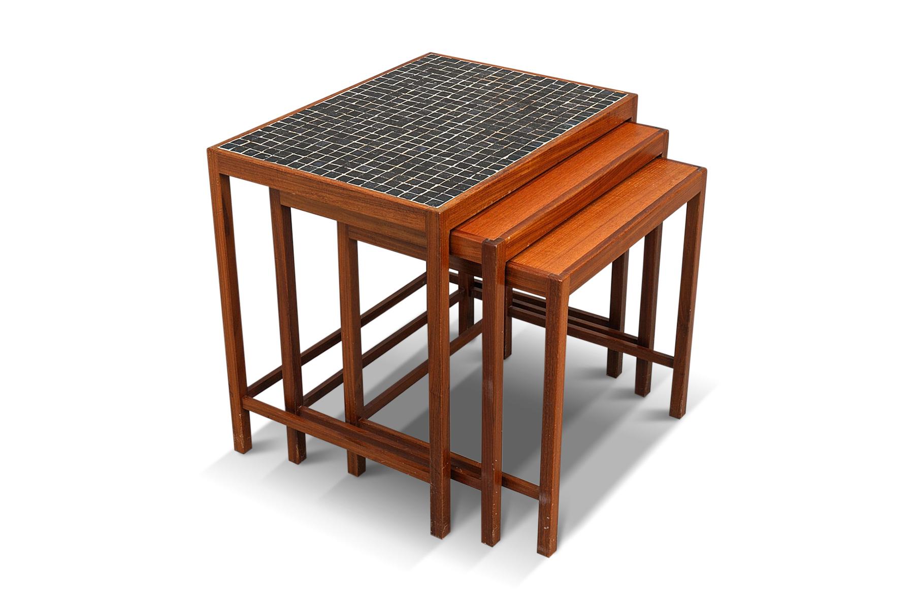 Mid-Century Modern Set of Teak + Tile Mosaic Nesting Tables
