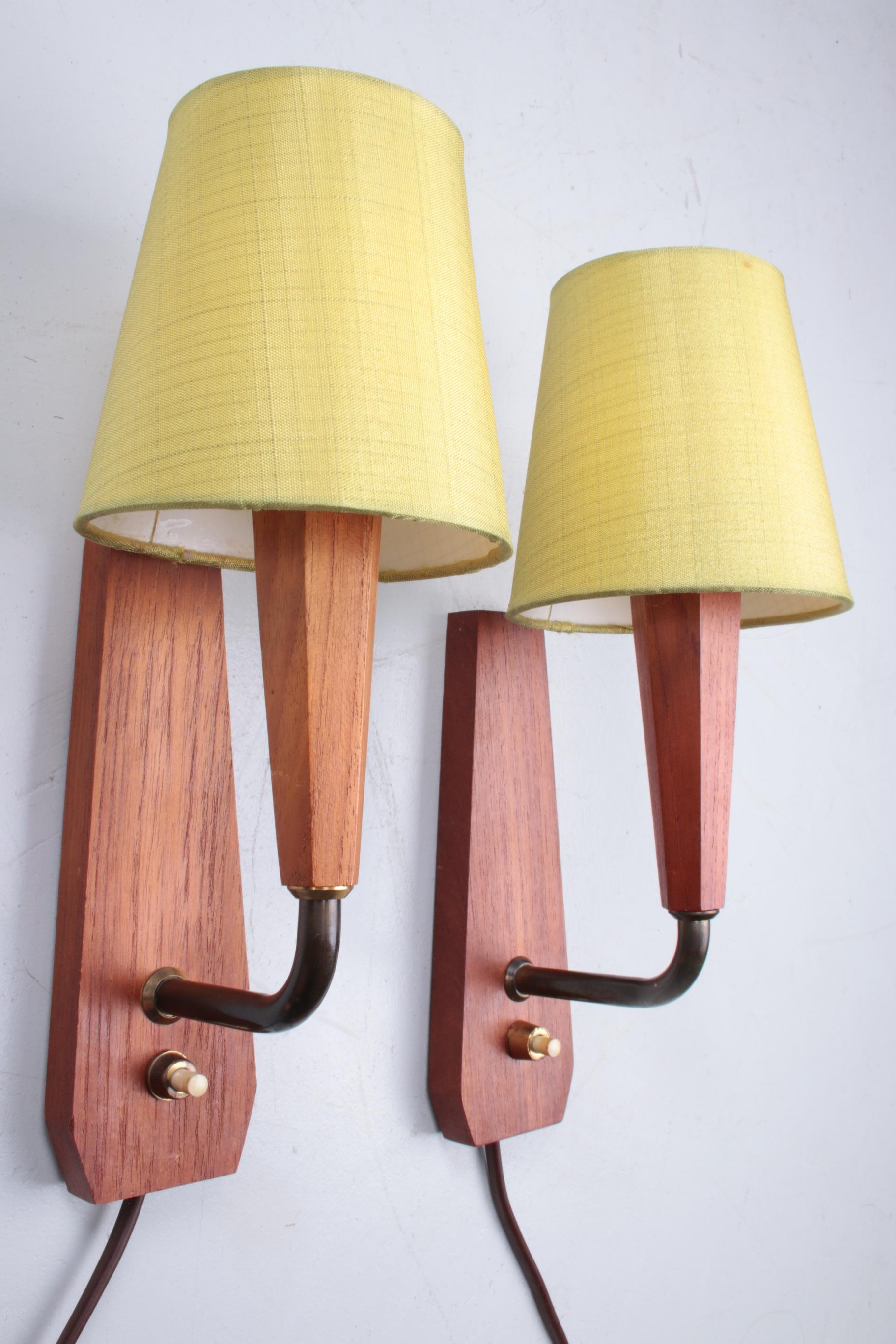 Mid-20th Century Set of Teak Wooden Danish Design Wall Lamps with Original Shade, 1960