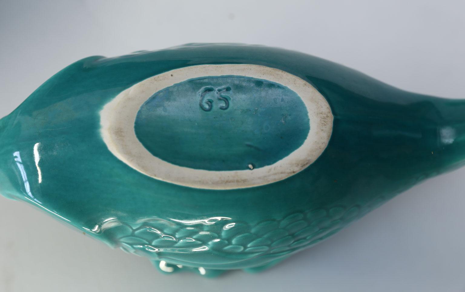 Folk Art Set of Teal Fish-Shape Ceramic Dishes For Sale