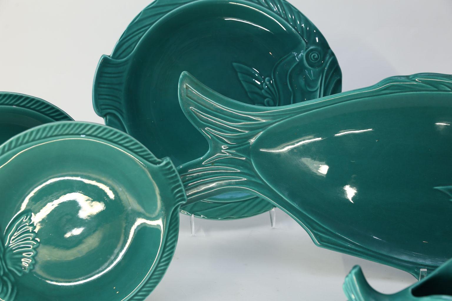 Italian Set of Teal Fish-Shape Ceramic Dishes For Sale