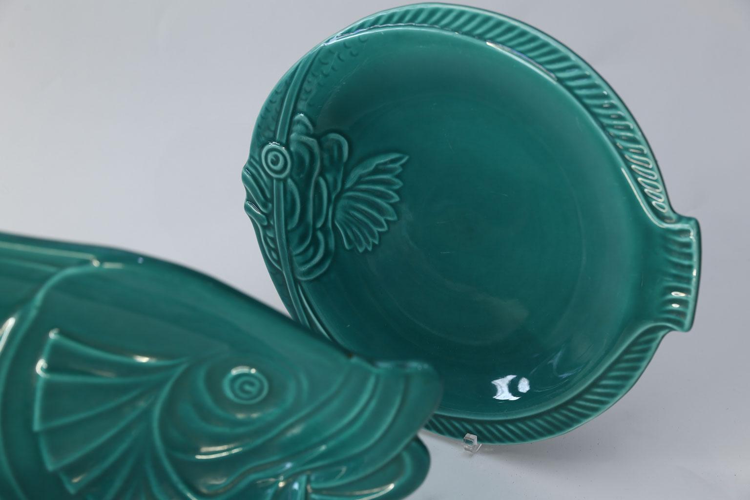 Set of Teal Fish-Shape Ceramic Dishes In Fair Condition For Sale In Houston, TX