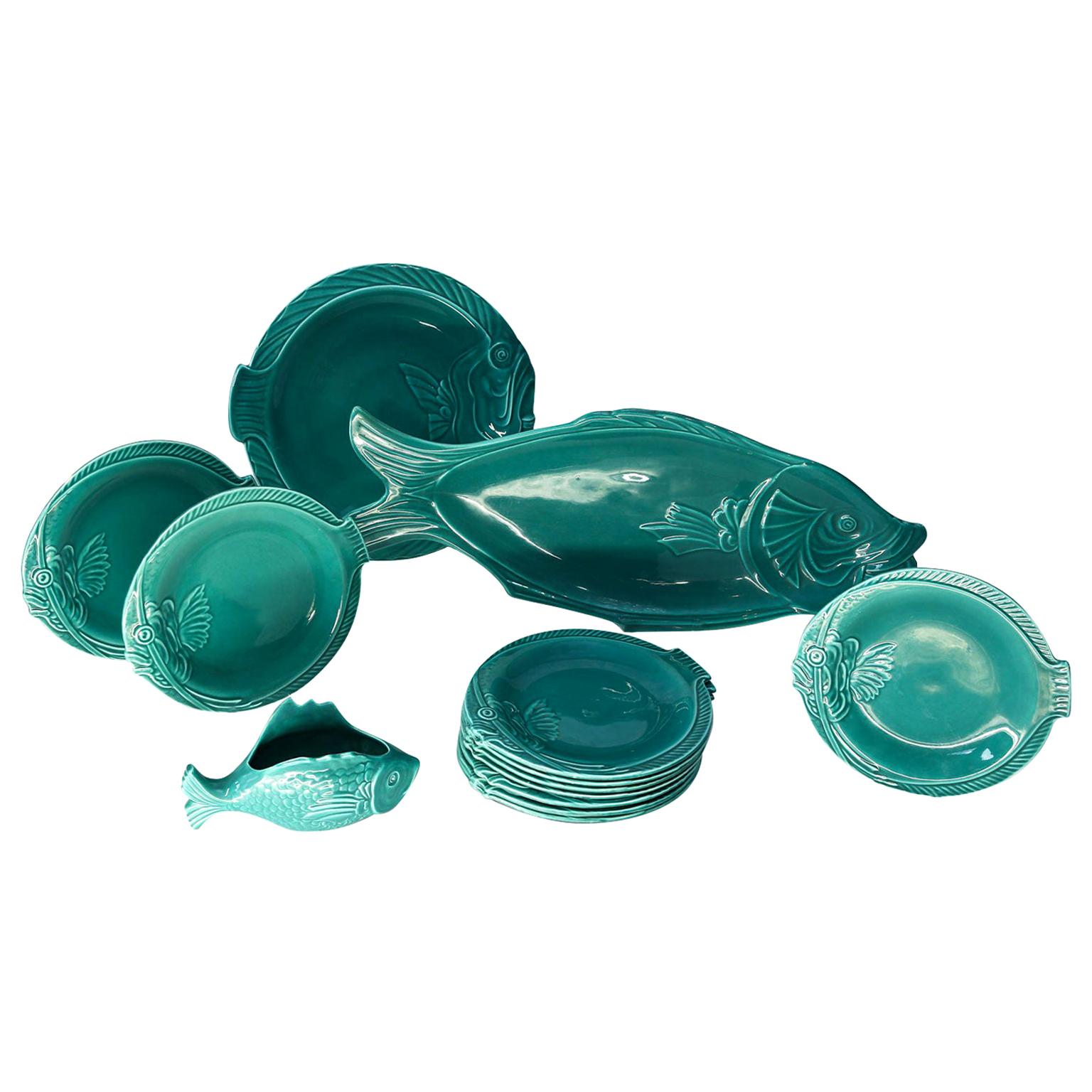Set of Teal Fish-Shape Ceramic Dishes For Sale