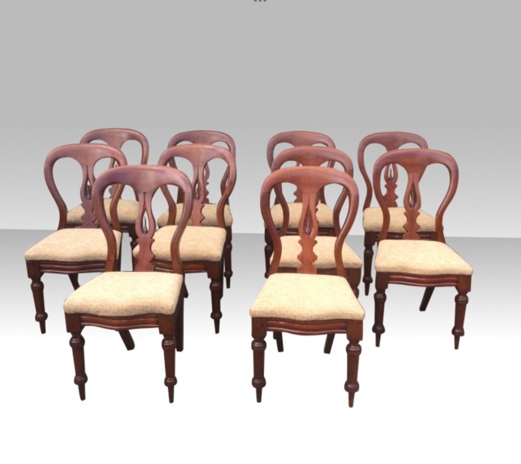 Superb Set Of Ten 10 Antique Mahogany dining chairs in great condition and tight of joint.
{Drop In Seats}

Measures: 35ins high x 17ins wide x 21ins deep

Seat Height 18ins.

Circa 1870