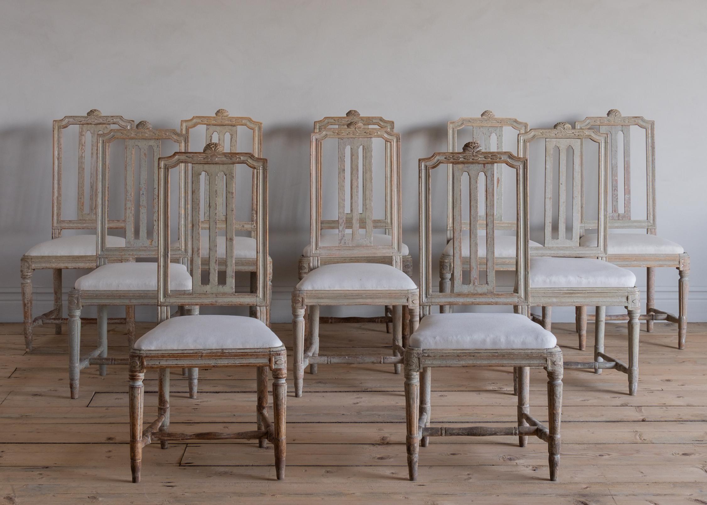 An exceptional set of ten 18th century Gustavian dining chairs in original color with a great patinated surface, circa 1790, Stockholm, Sweden. 

Very good condition with wear consistent with age and use. A detailed condition report is available
