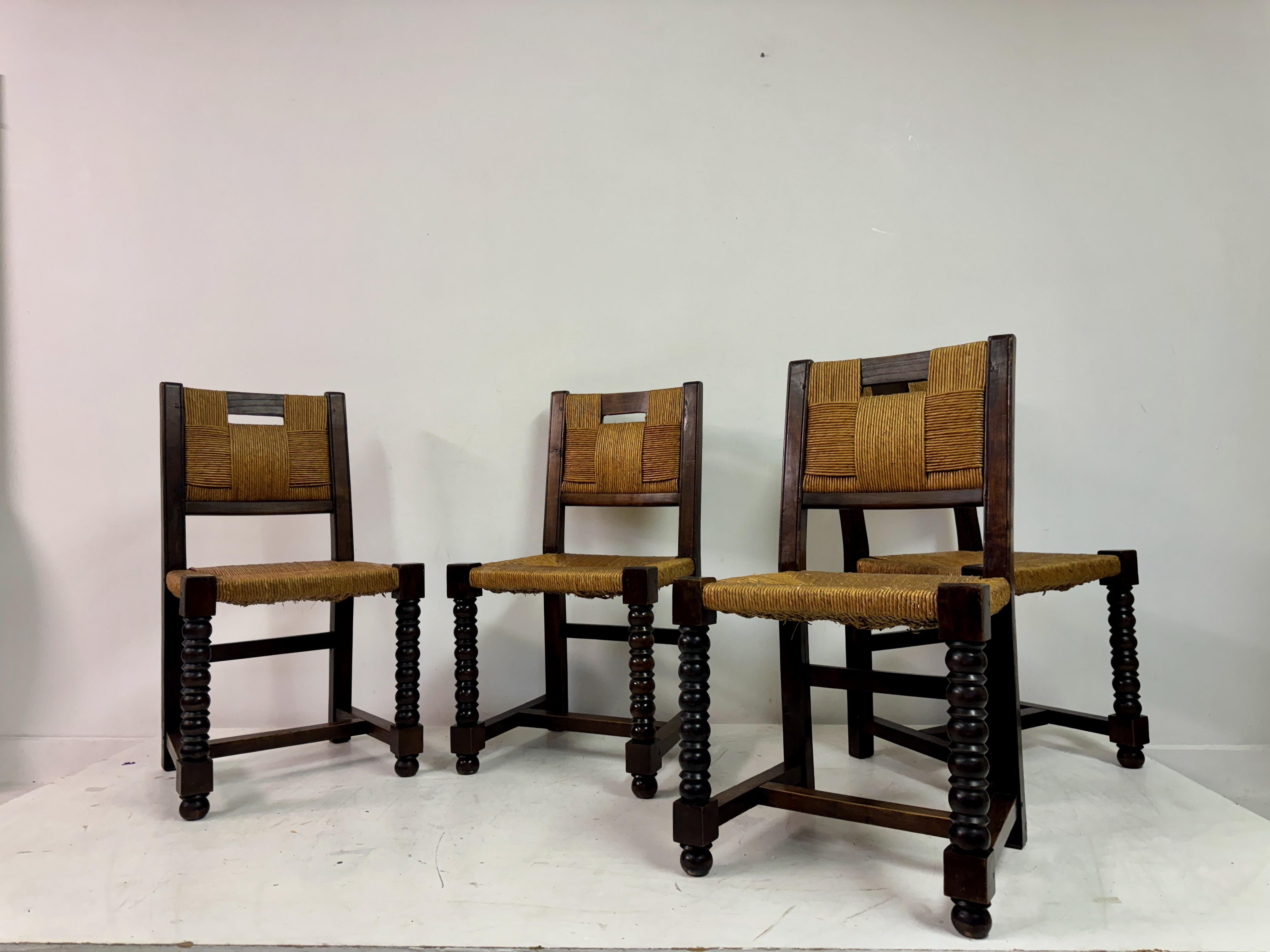 Set of Ten 1940s French Oak and Rush Dining Chairs 5