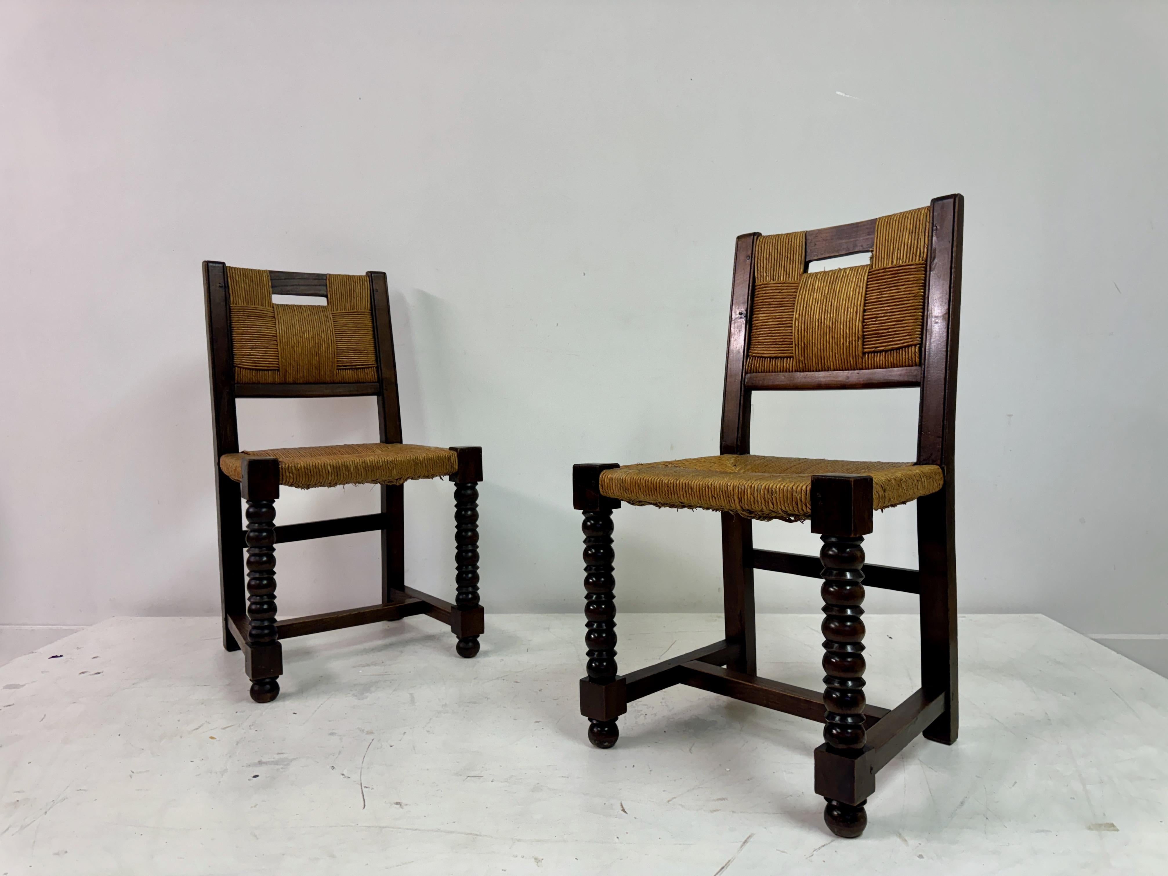 Set of Ten 1940s French Oak and Rush Dining Chairs 6