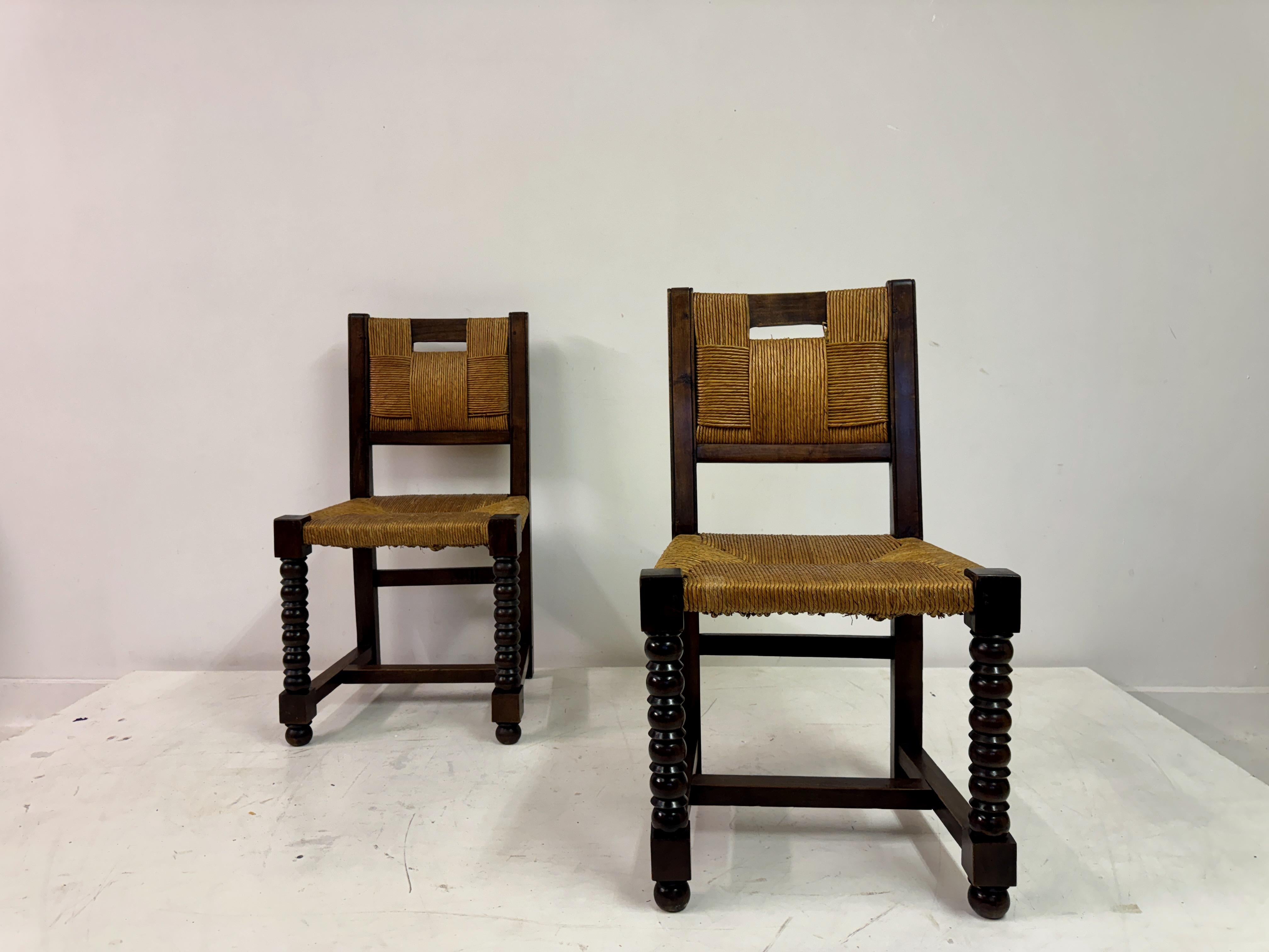 Set of Ten 1940s French Oak and Rush Dining Chairs 7