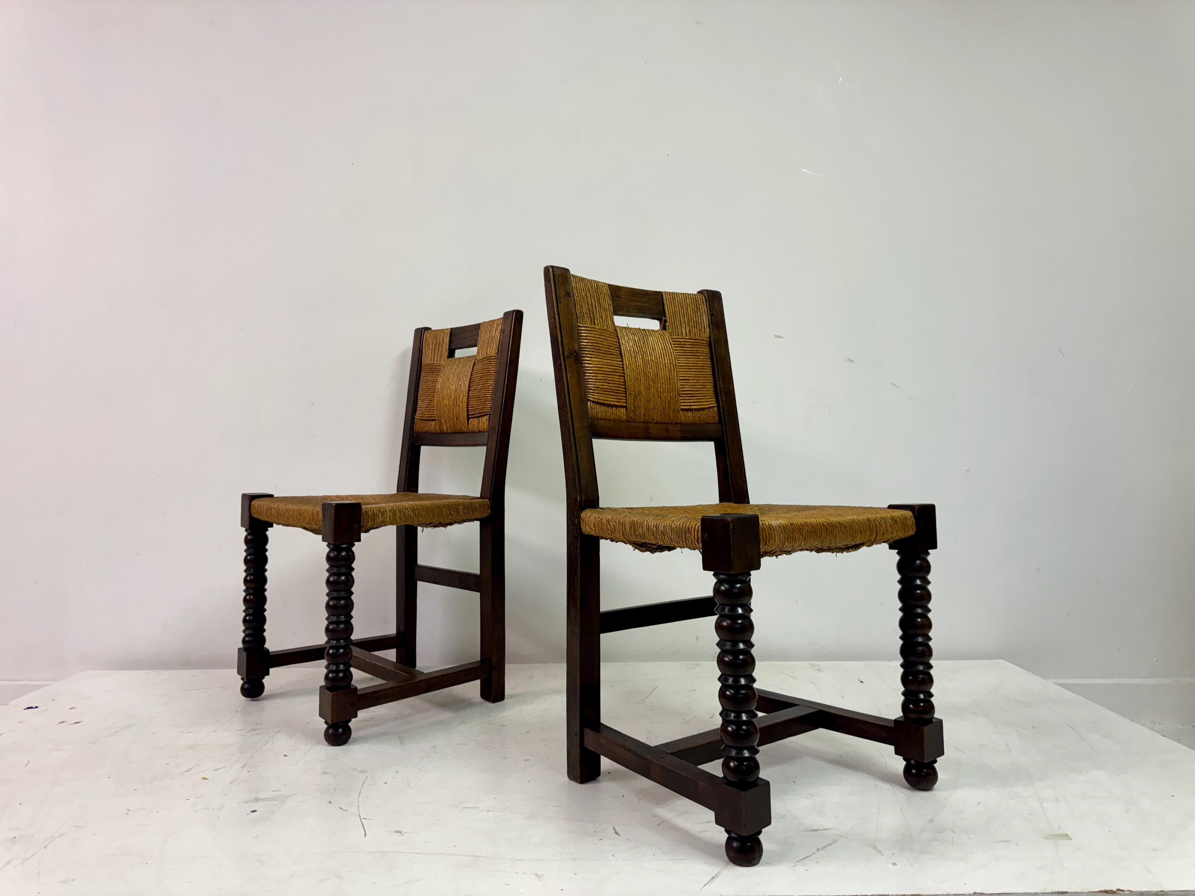 Set of Ten 1940s French Oak and Rush Dining Chairs 8