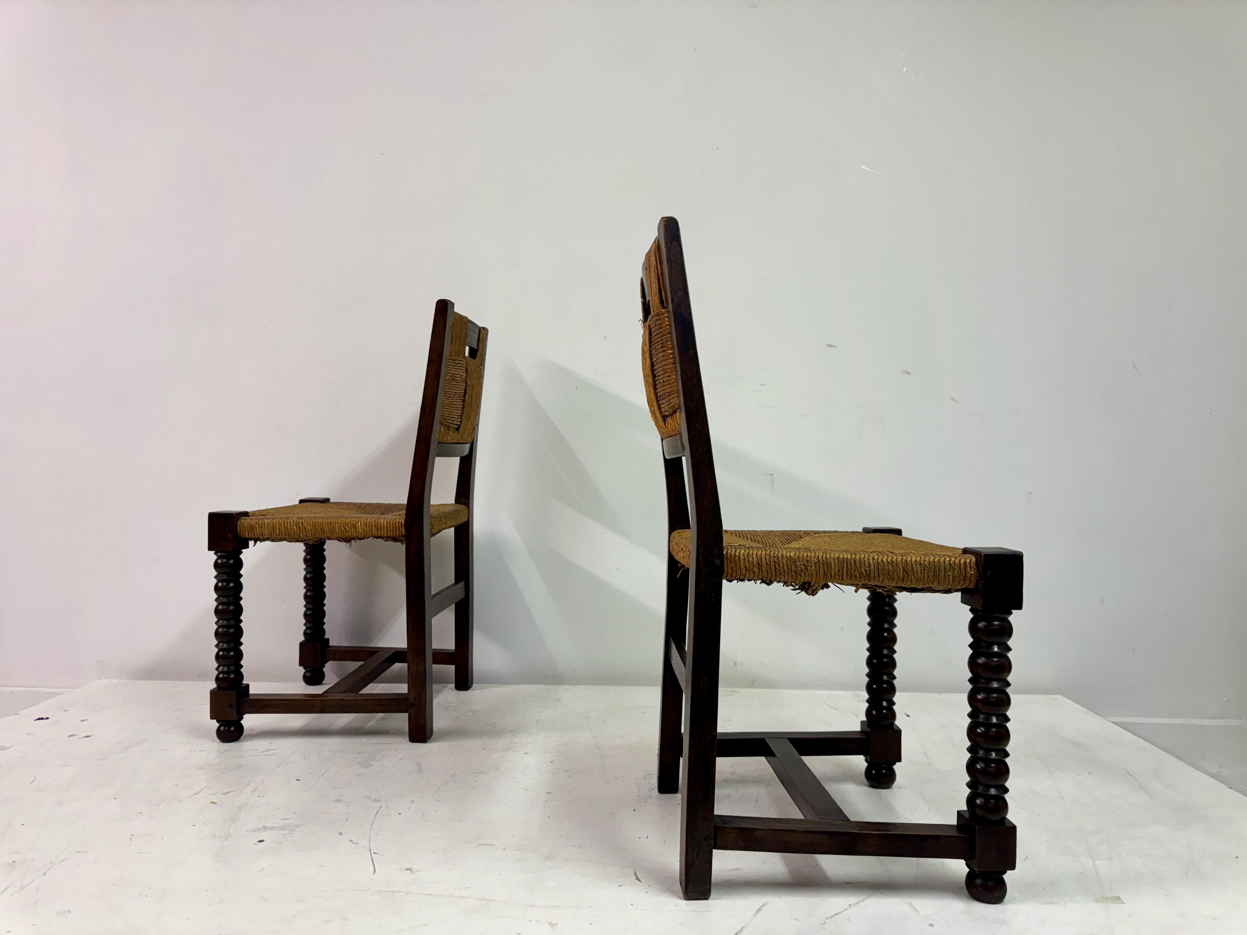 Set of Ten 1940s French Oak and Rush Dining Chairs 9