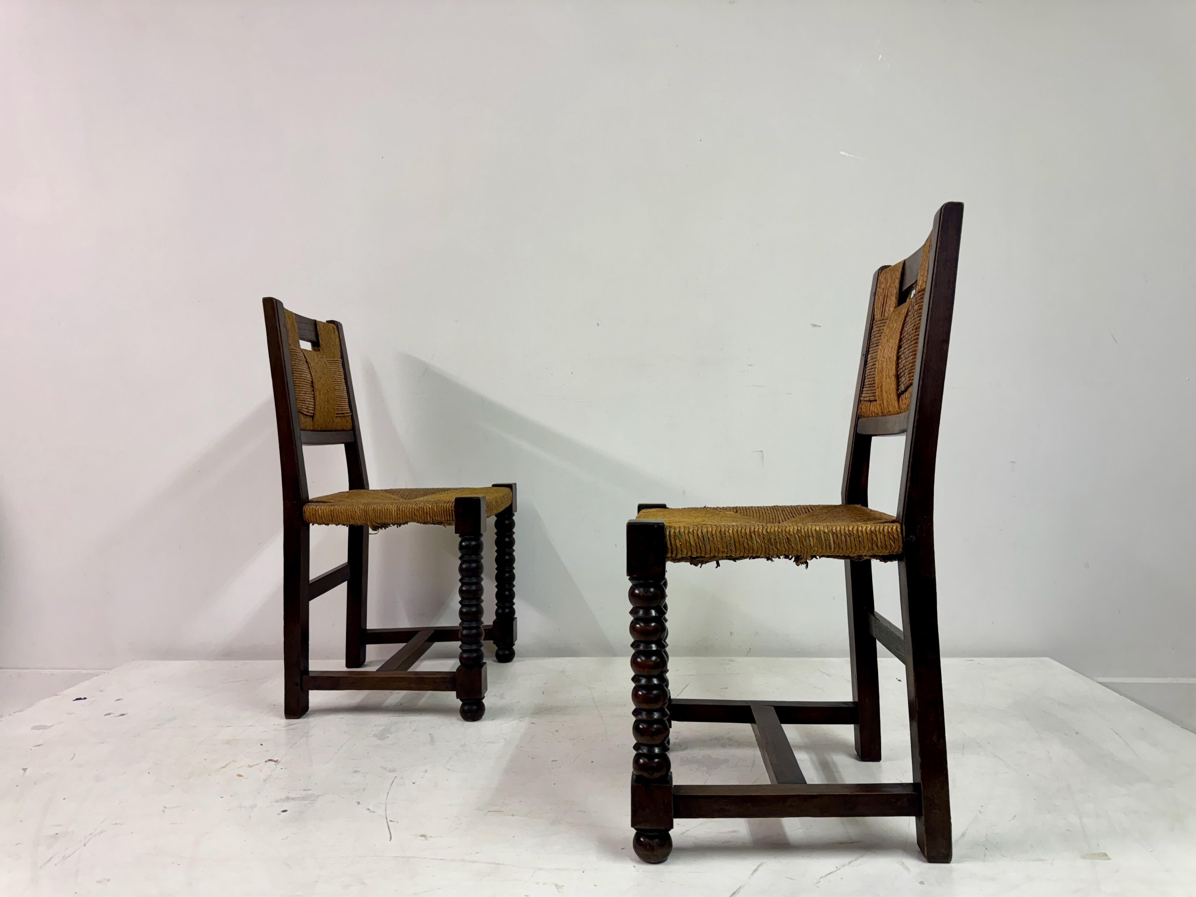 Set of Ten 1940s French Oak and Rush Dining Chairs 10