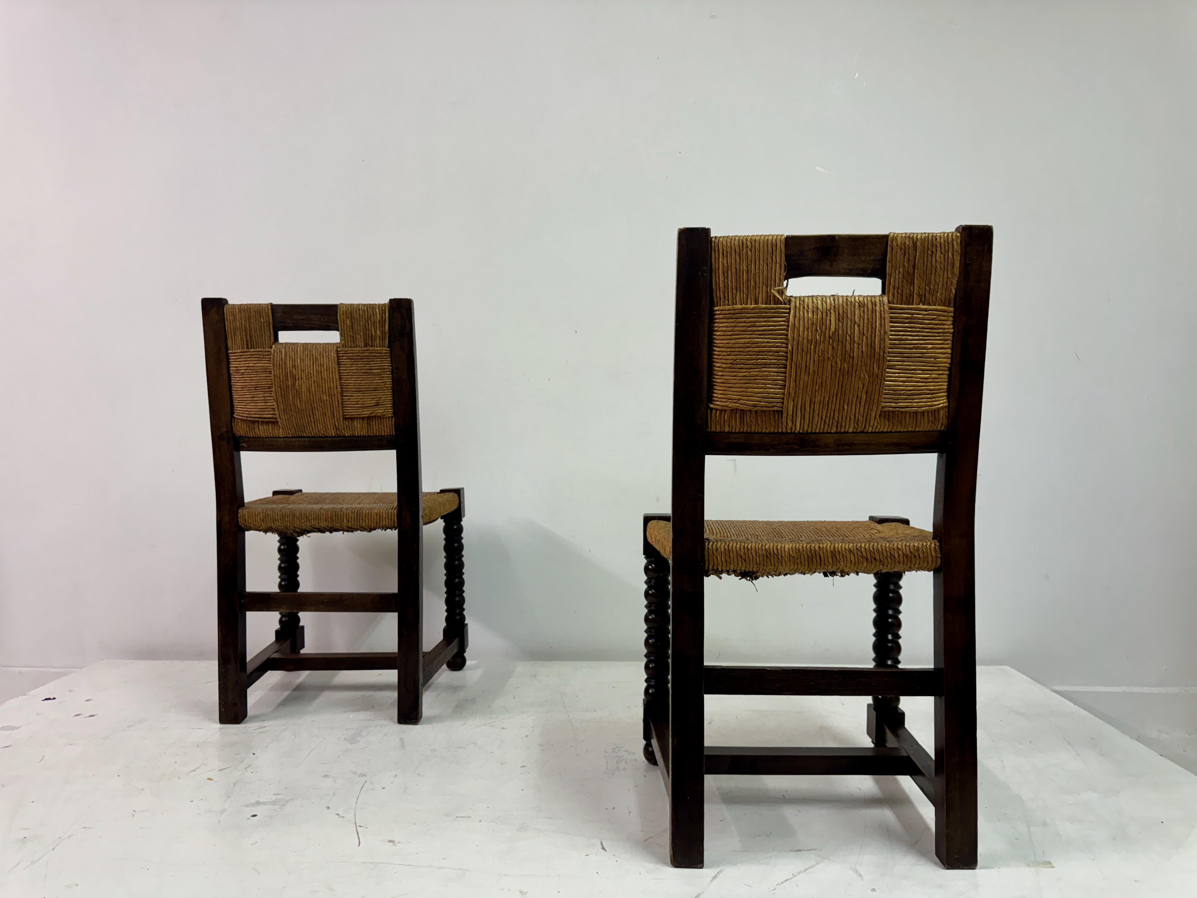 Set of Ten 1940s French Oak and Rush Dining Chairs 12