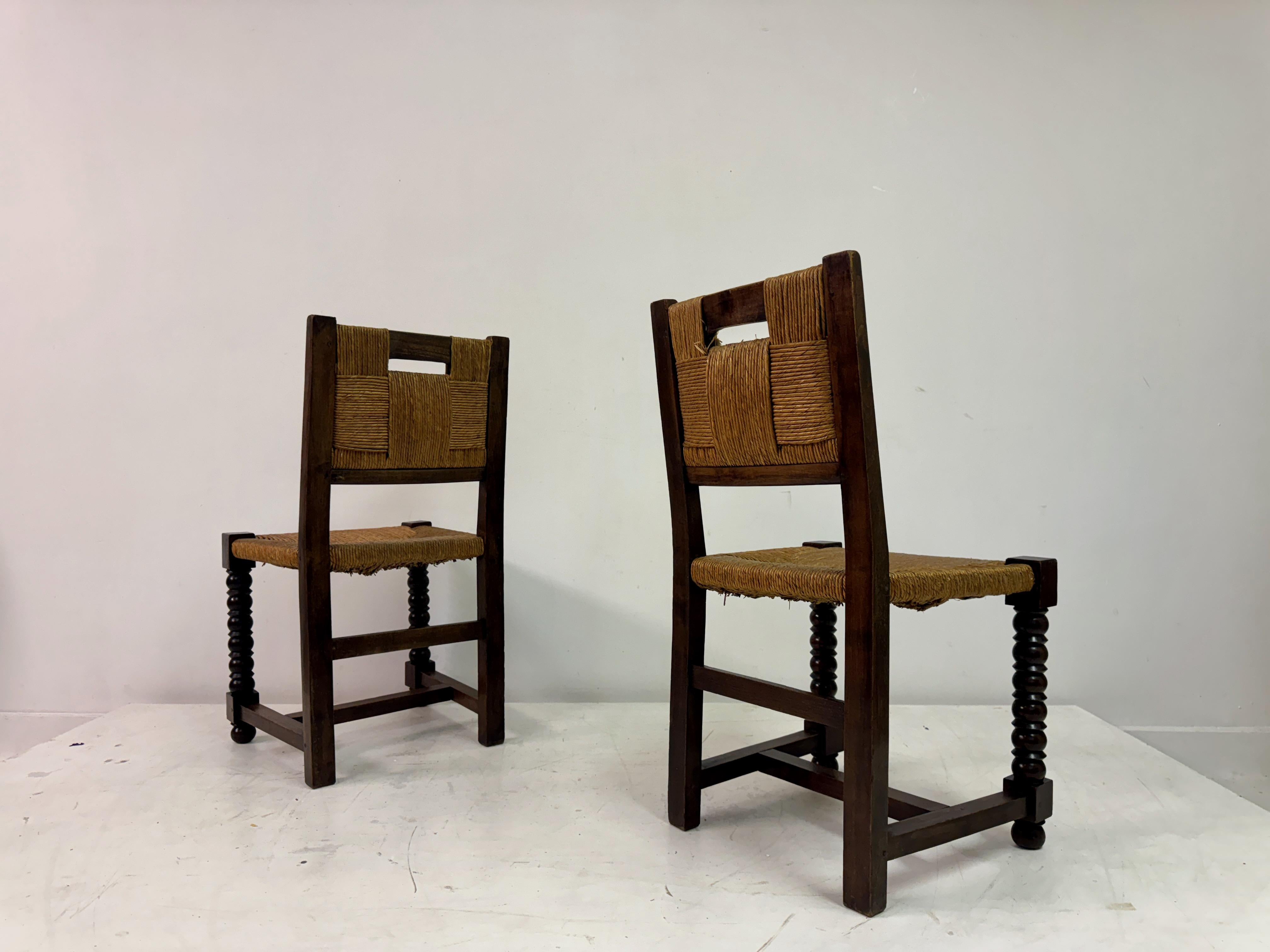 Set of Ten 1940s French Oak and Rush Dining Chairs 13