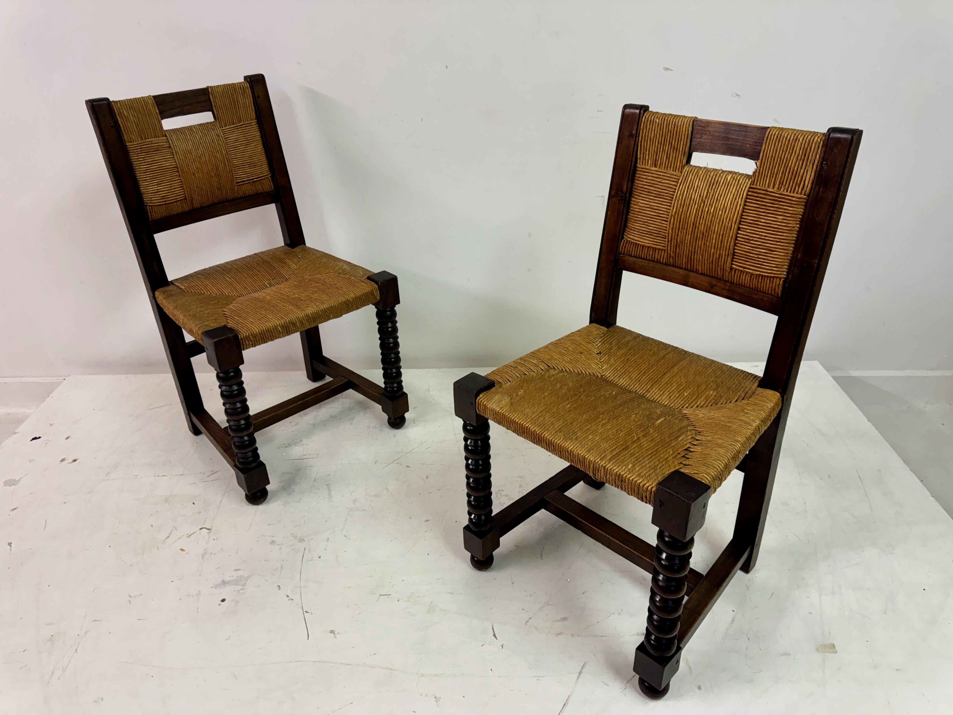 Set of Ten 1940s French Oak and Rush Dining Chairs 15