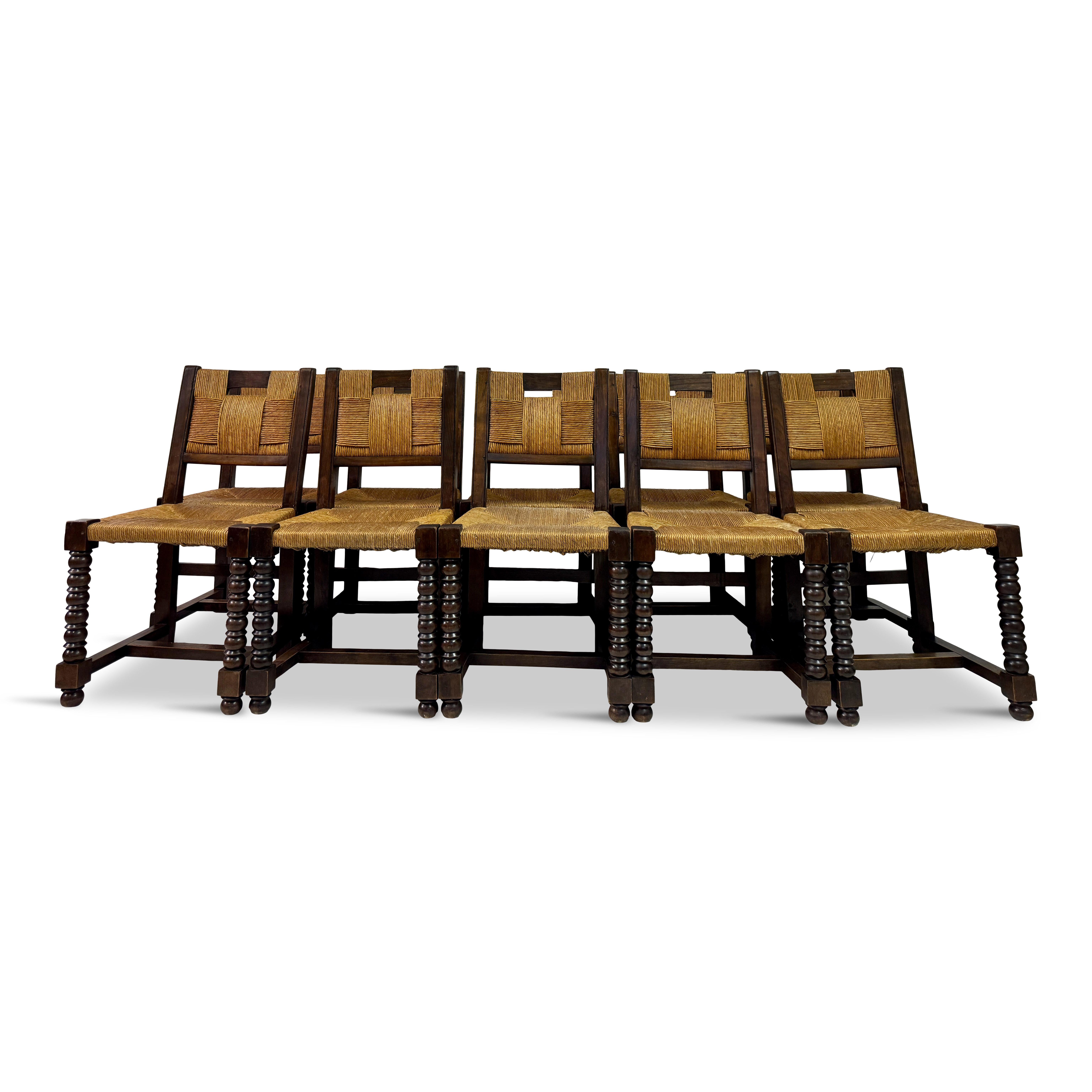 Brutalist Set of Ten 1940s French Oak and Rush Dining Chairs