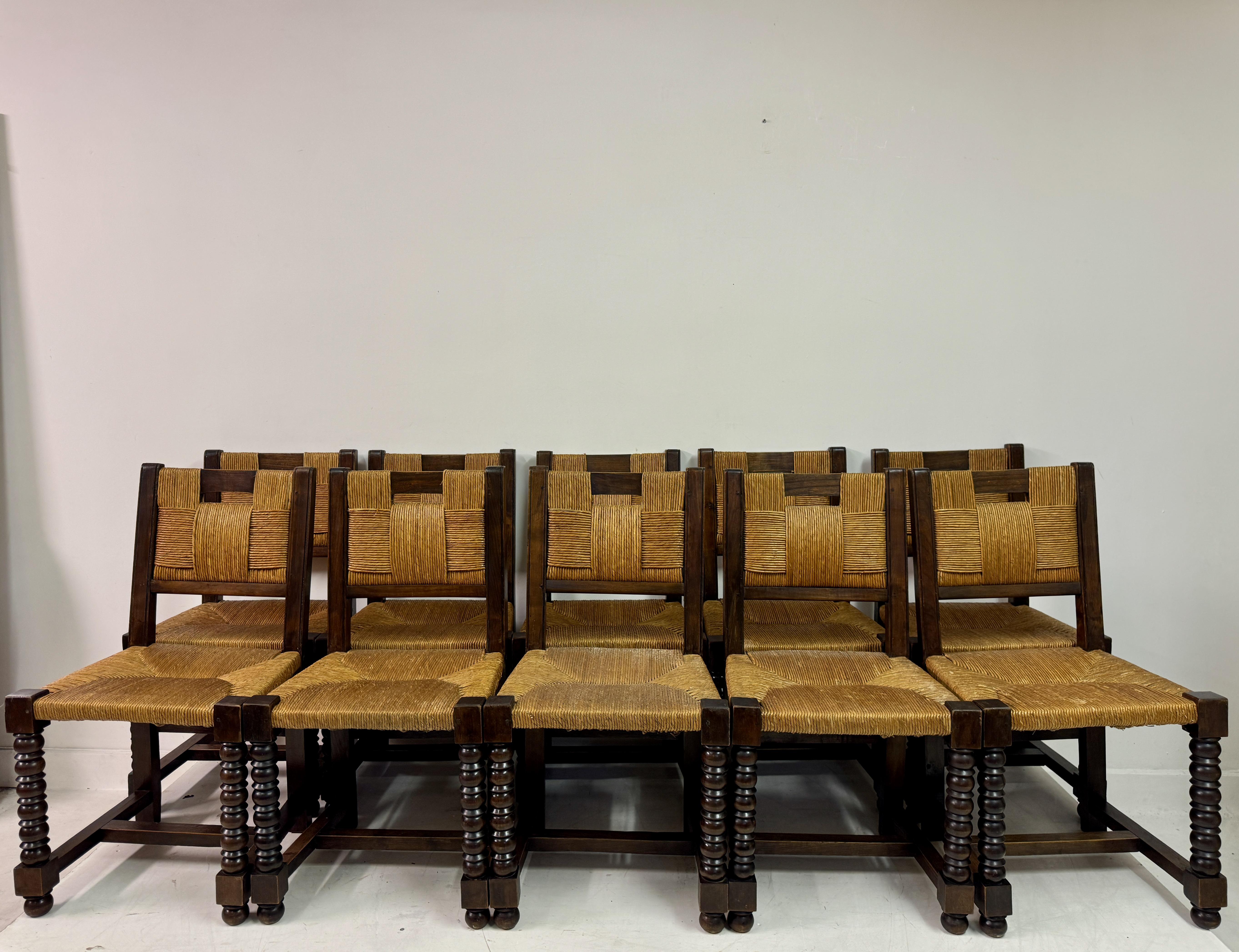 Set of Ten 1940s French Oak and Rush Dining Chairs In Good Condition In London, London