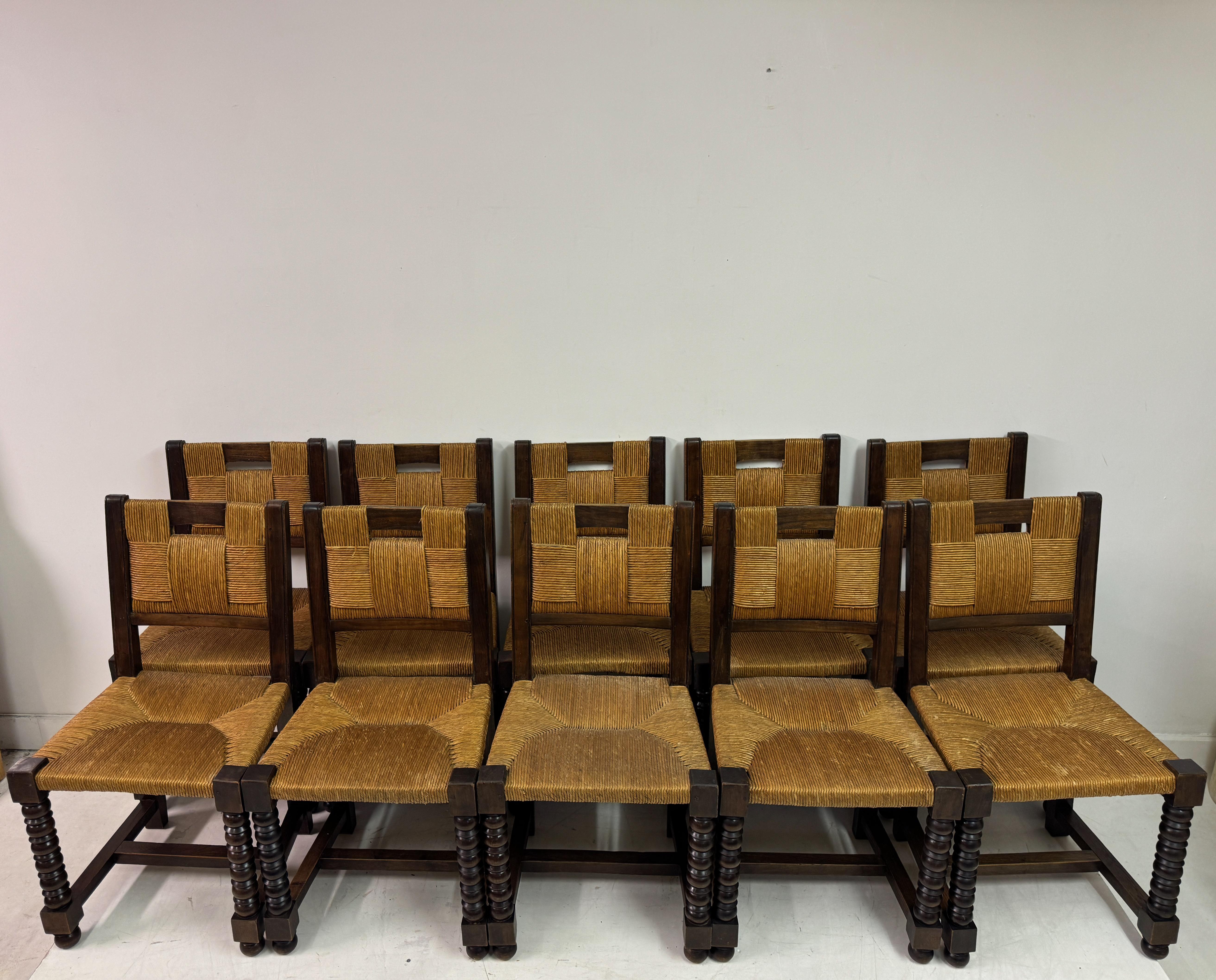 20th Century Set of Ten 1940s French Oak and Rush Dining Chairs