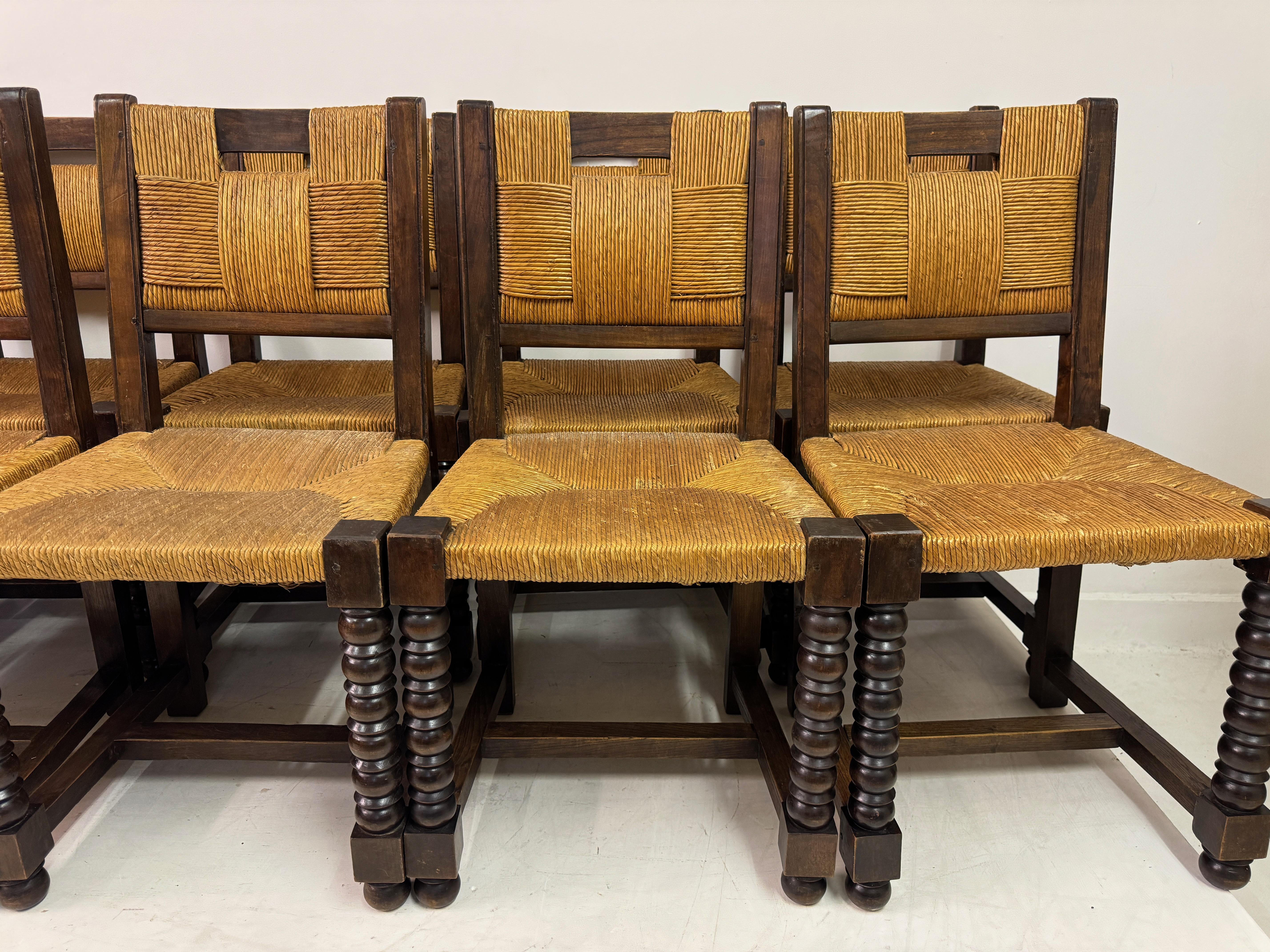 Set of Ten 1940s French Oak and Rush Dining Chairs 1