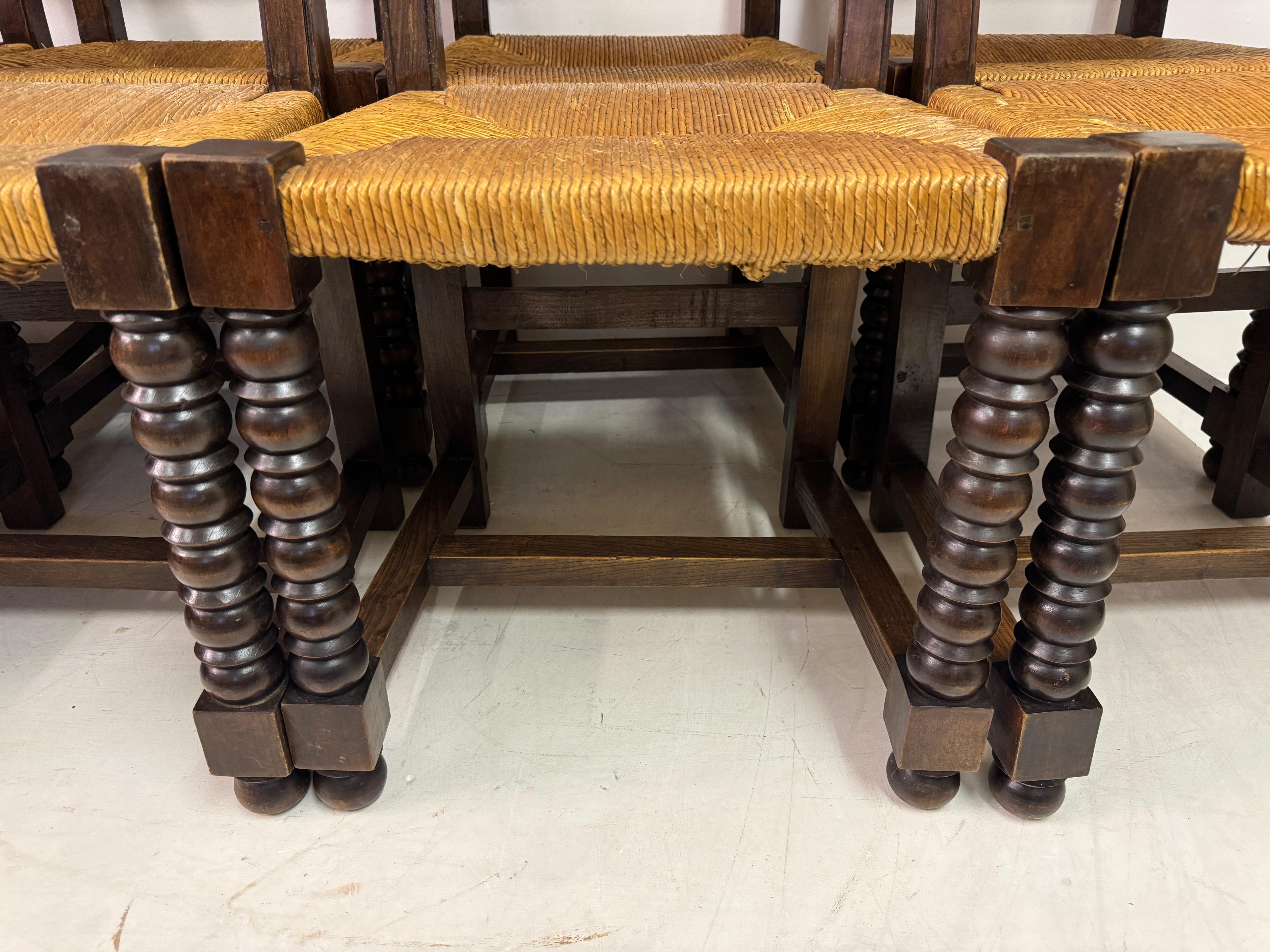 Set of Ten 1940s French Oak and Rush Dining Chairs 2