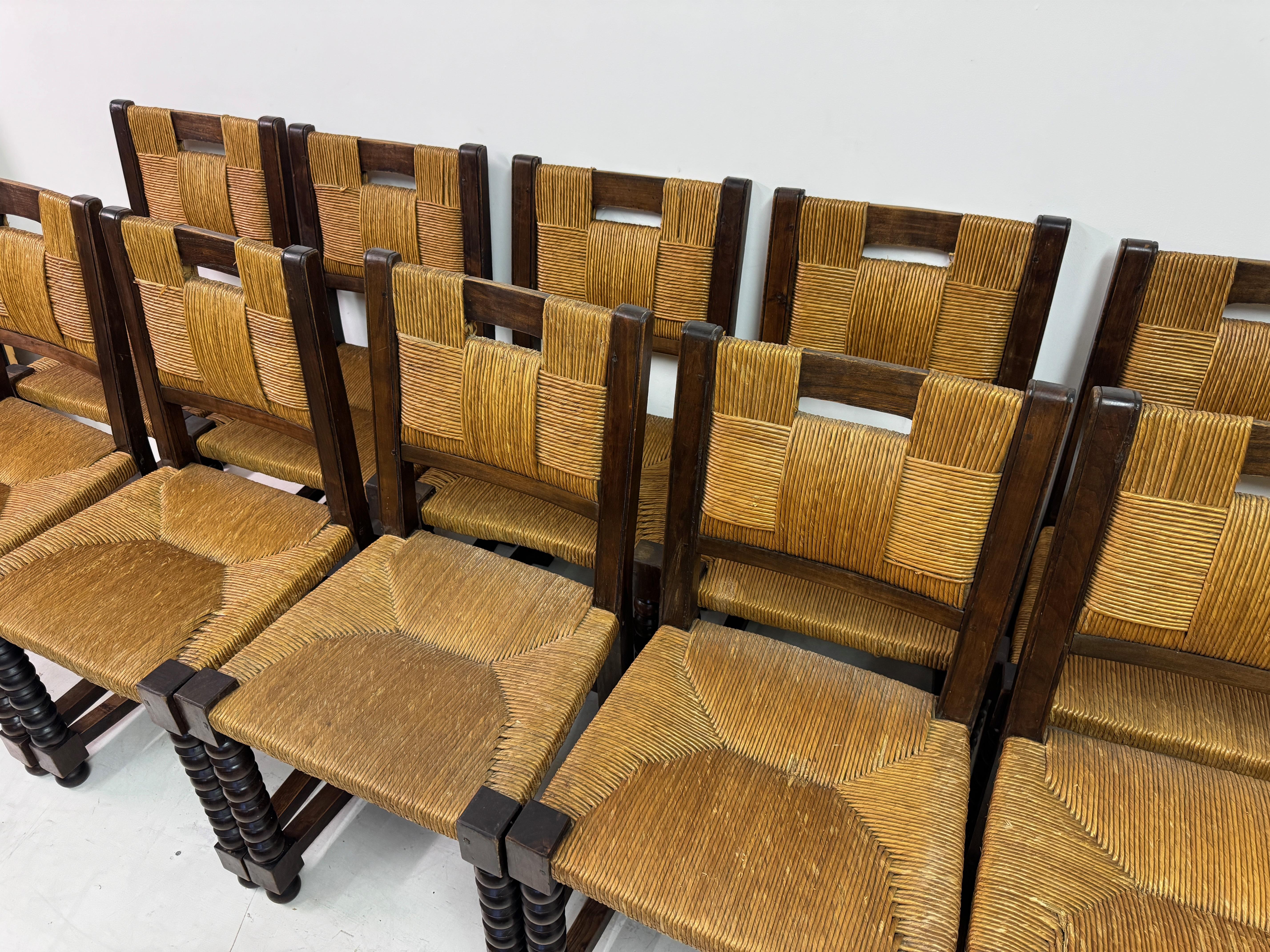 Set of Ten 1940s French Oak and Rush Dining Chairs 3