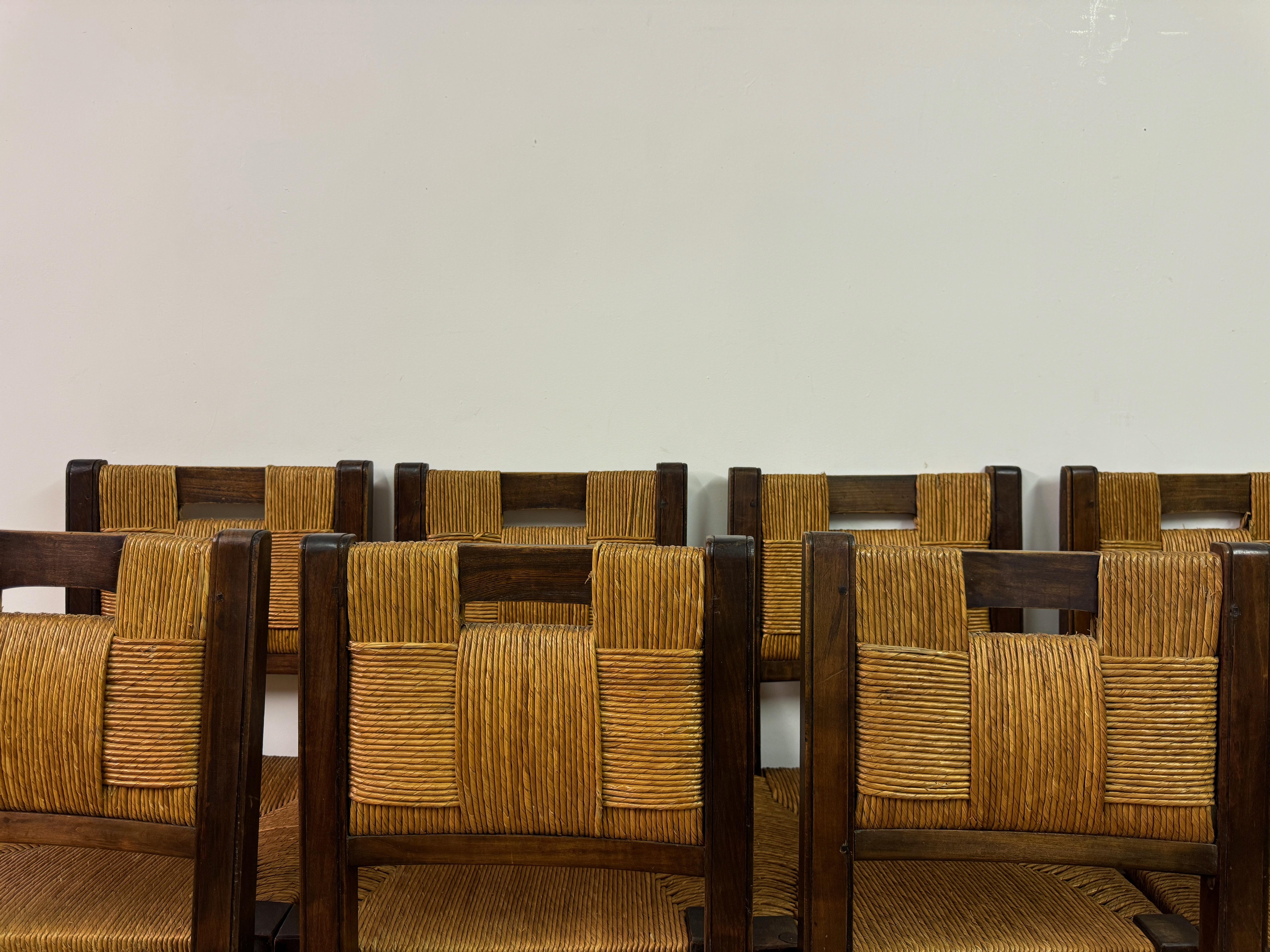 Set of Ten 1940s French Oak and Rush Dining Chairs 4